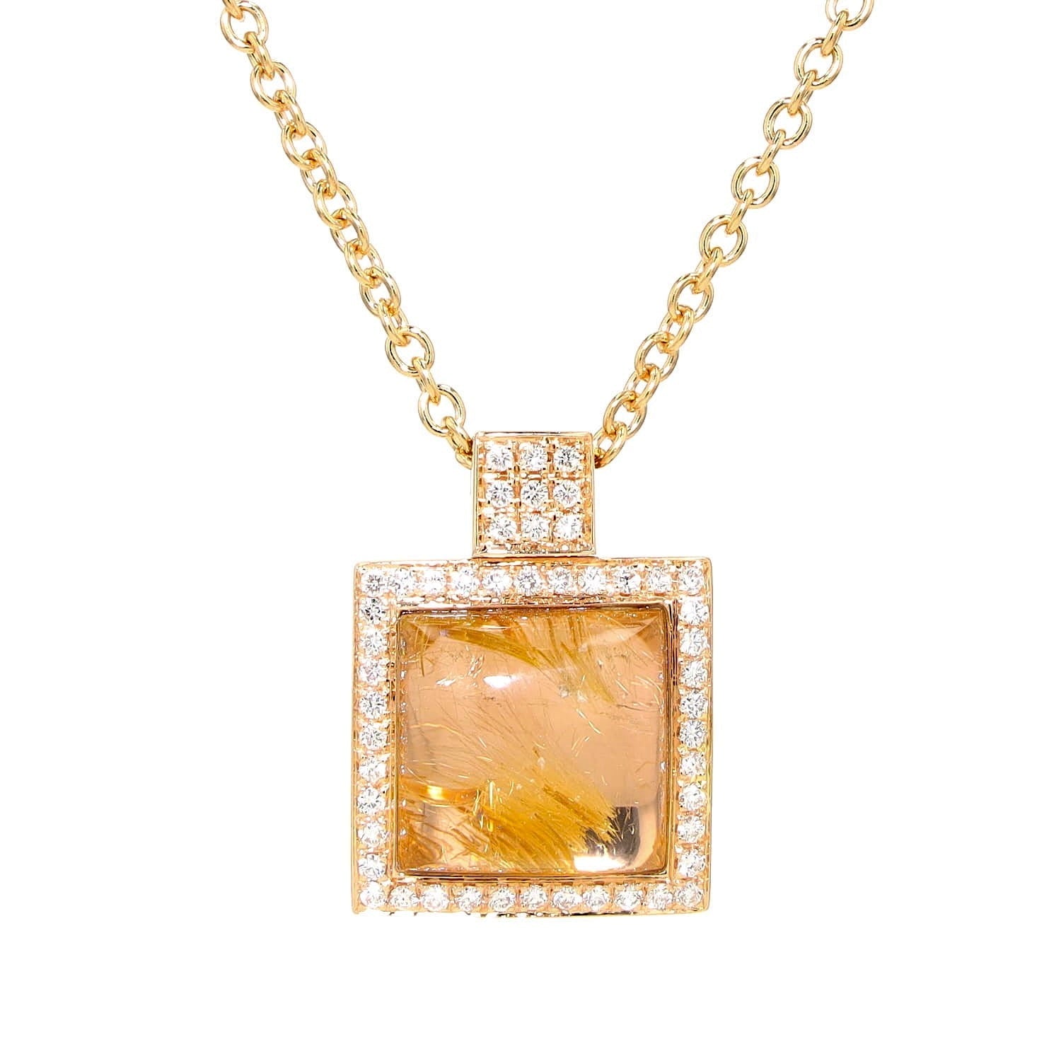 Italienisches Collier in 750er Roségold mit Brillanten und einem Rutil-Quarz, hängend frontal Nahaufnahme