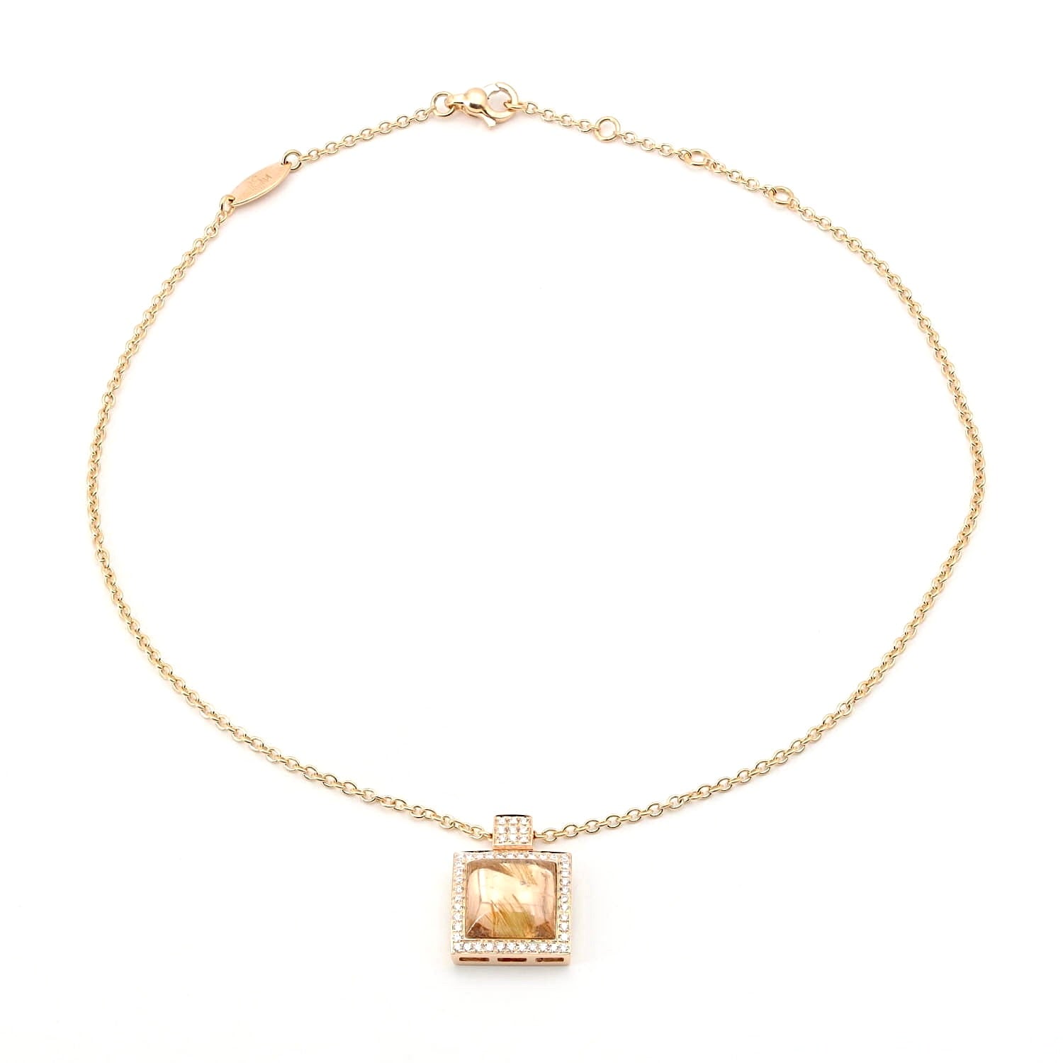 Italienisches Collier in 750er Roségold mit Brillanten und einem Rutil-Quarz, liegend geschlossen