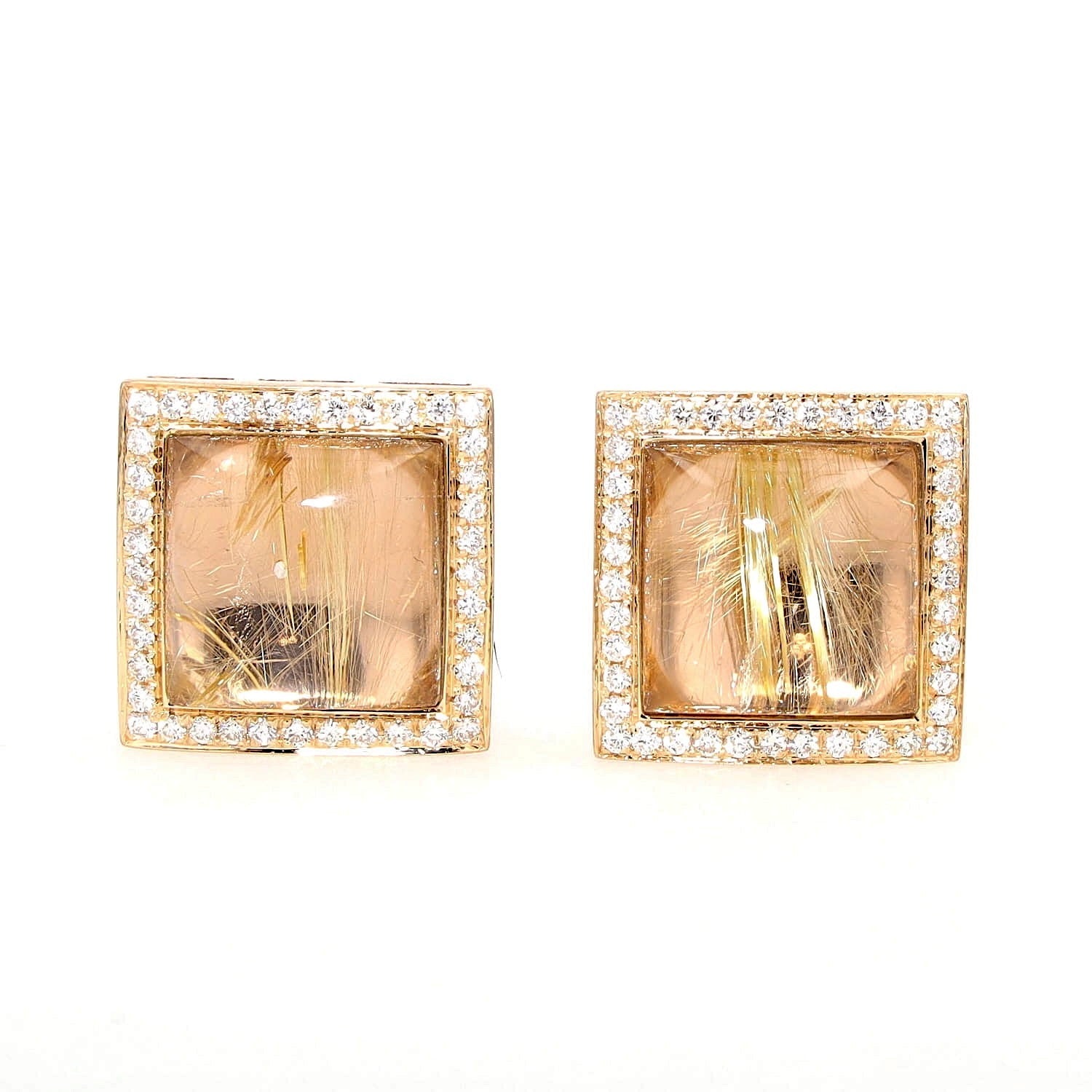 Italian earrings in 750 rose gold with a rutile quartz and Brilliants, lying frontally