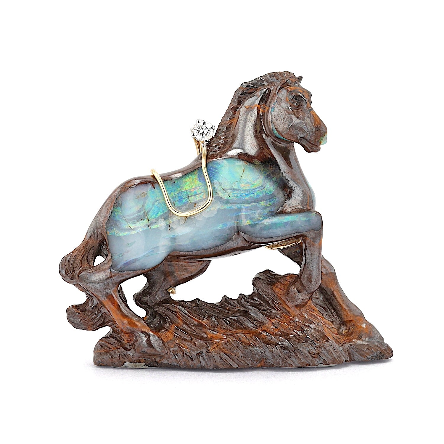 Anhänger / Brosche Pferd aus Boulder Opal mit einem Brillanten, stehend frontal