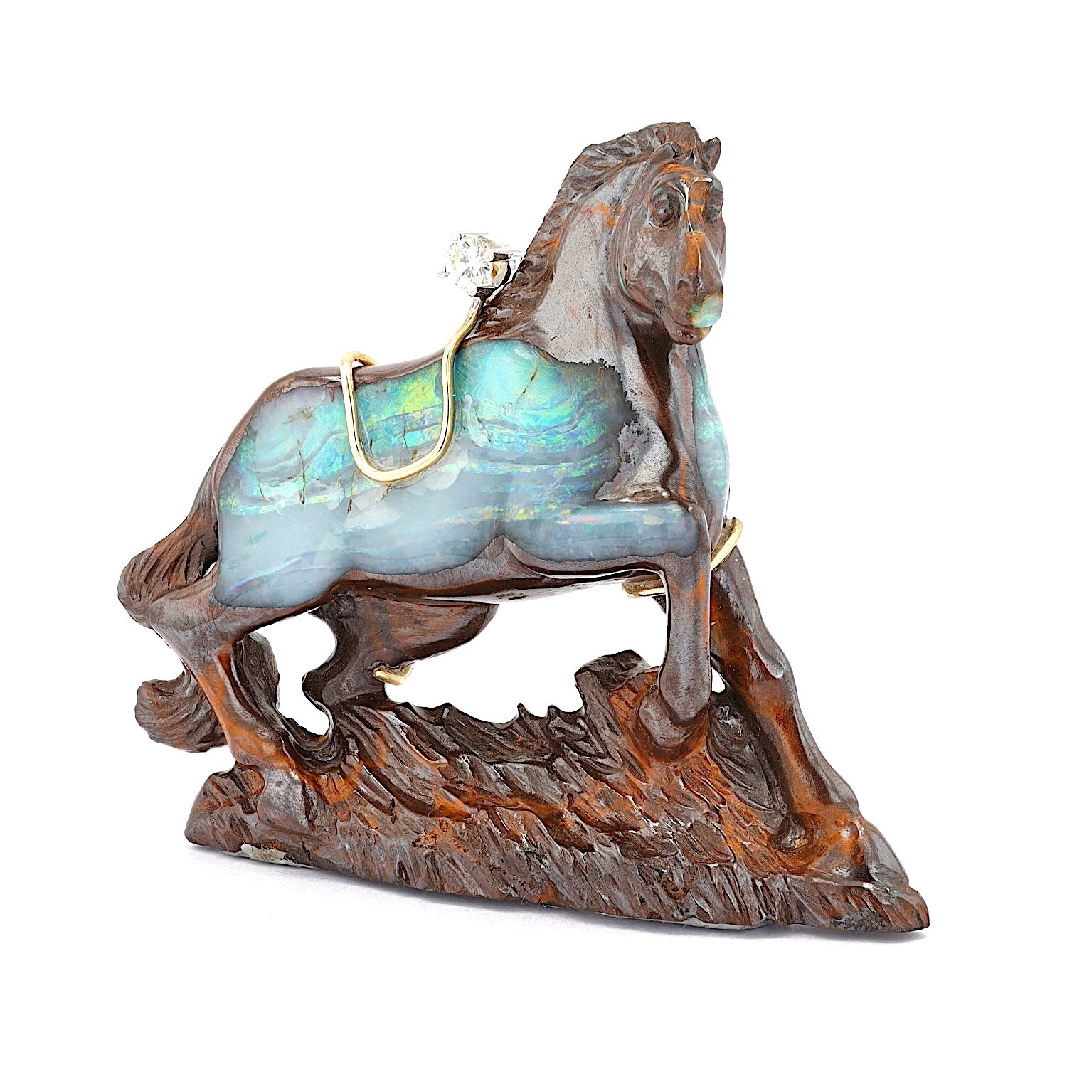 Anhänger / Brosche Pferd aus Boulder Opal mit einem Brillanten, stehend inks gedreht