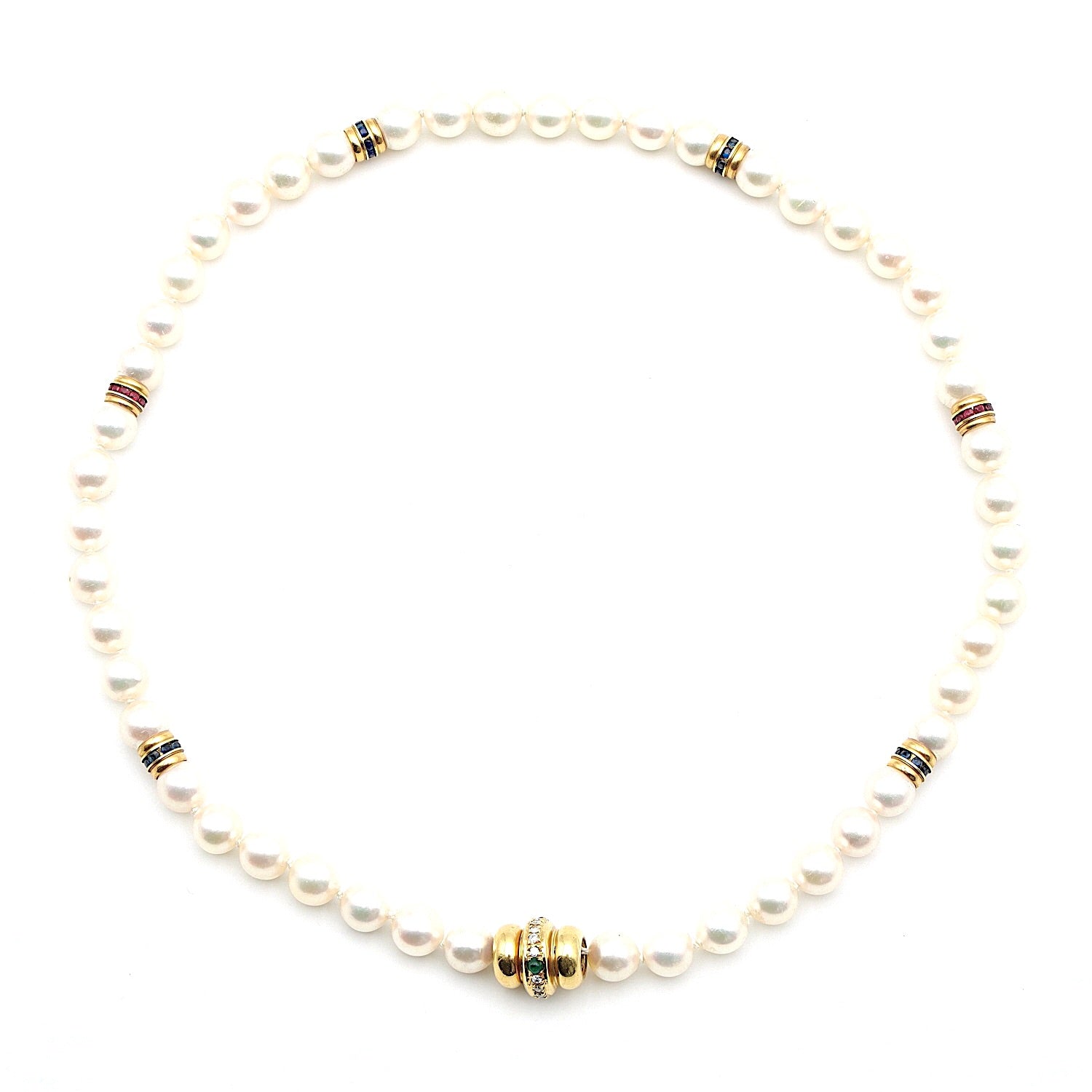 Akoya-Zuchtperlenkette, 750er Gold mit Diamanten, Rubinen, Smaragden, Saphiren, liegend Draufsicht