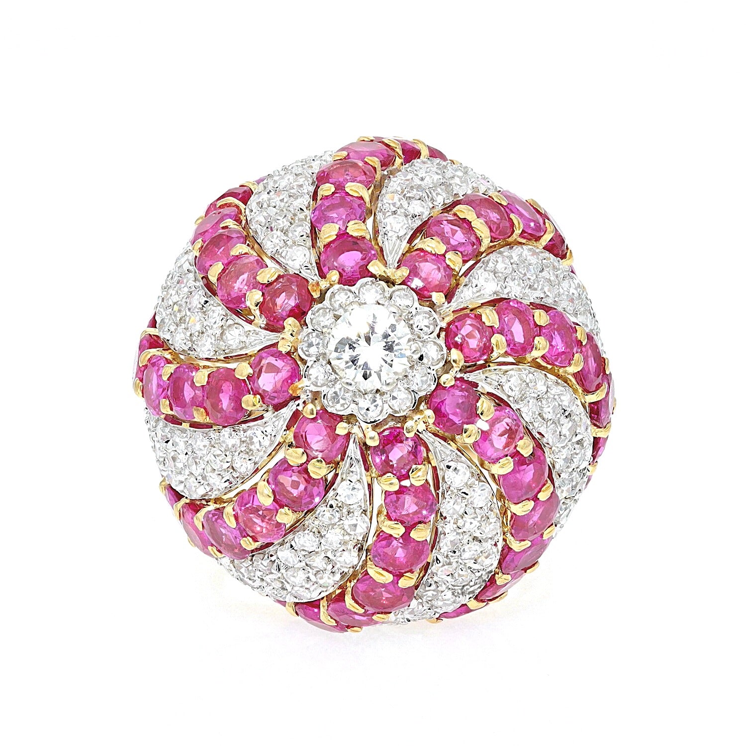 Ring in 750er Gelbgold mit pinkfarbenen Saphiren und insgesamt ca. 1,9 ct Diamanten, liegend frontal
