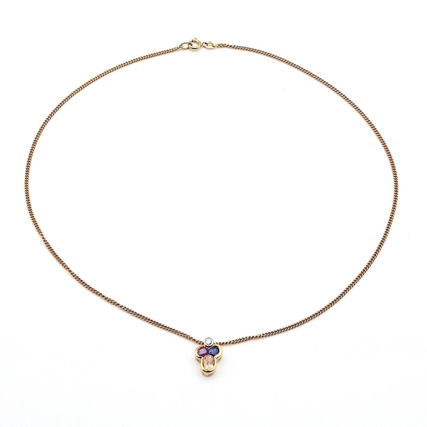 Kette mit Anhänger in 750er Gelbgold mit bunten Saphiren und einem Brillanten, liegend Draufsicht