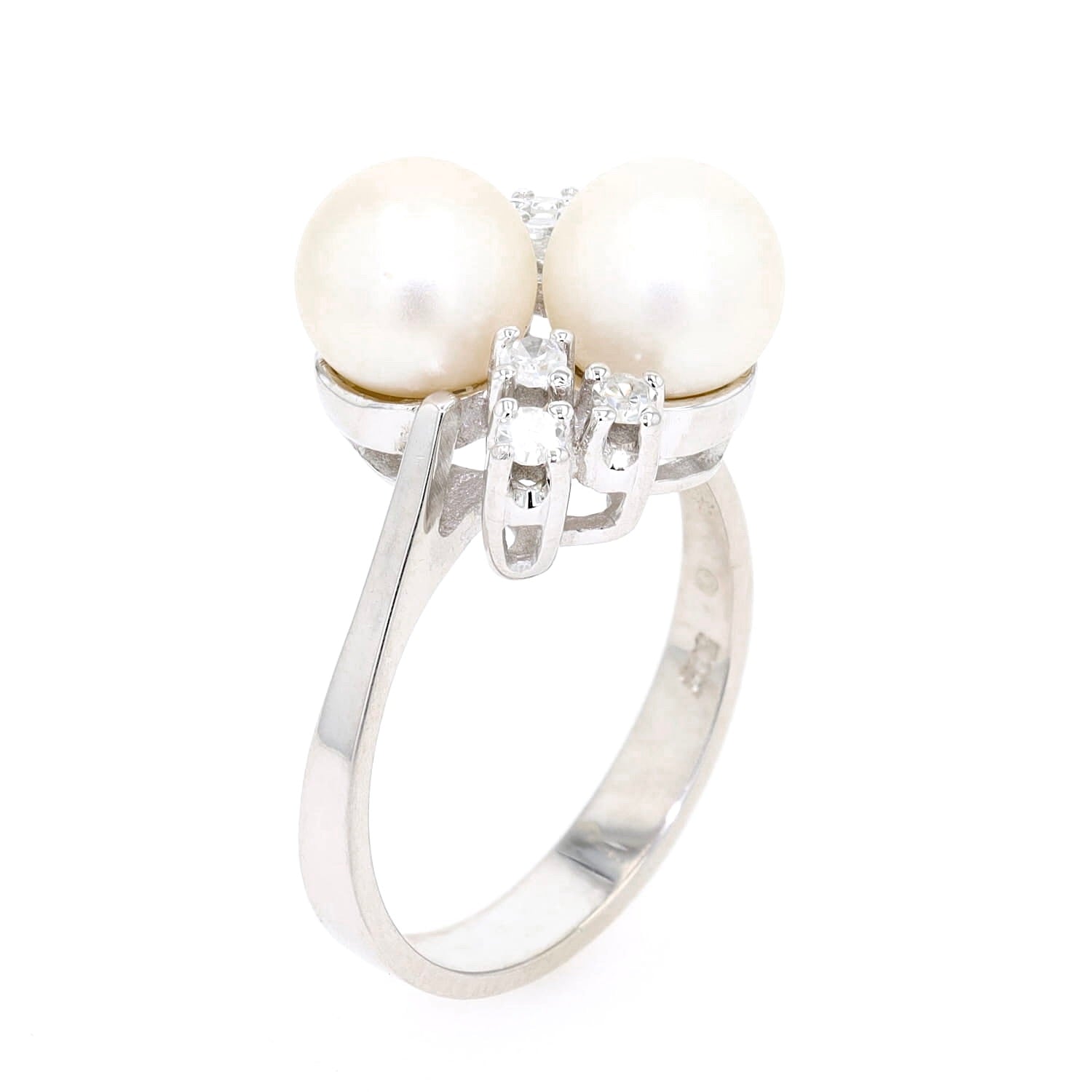 Ring in 585er Weißgold mit 2 Akoya-Zuchtperlen und Diamanten, stehend
