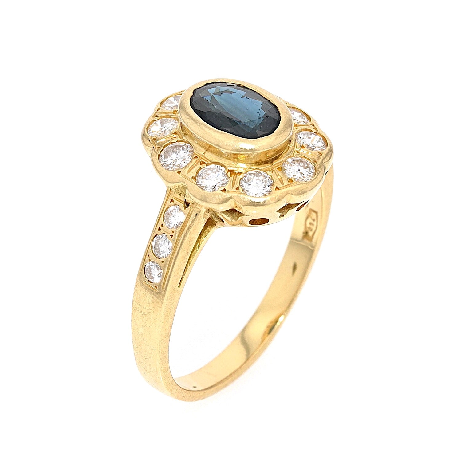 Vintage Ring in 750er Gelbgold mit einem Saphir und Brillanten, stehend