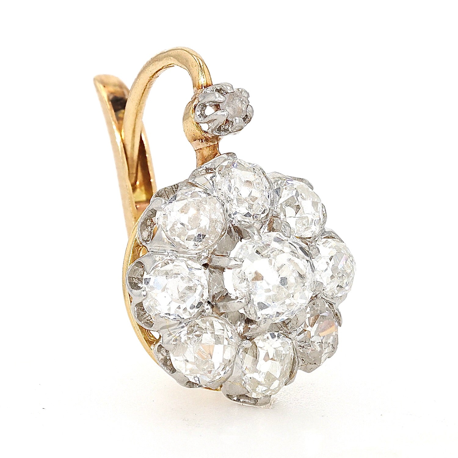 1 Paar Ohrringe, Frankreich um 1910 in 750er Gelbgold, Platin mit Diamanten, stehend rechts gedreht