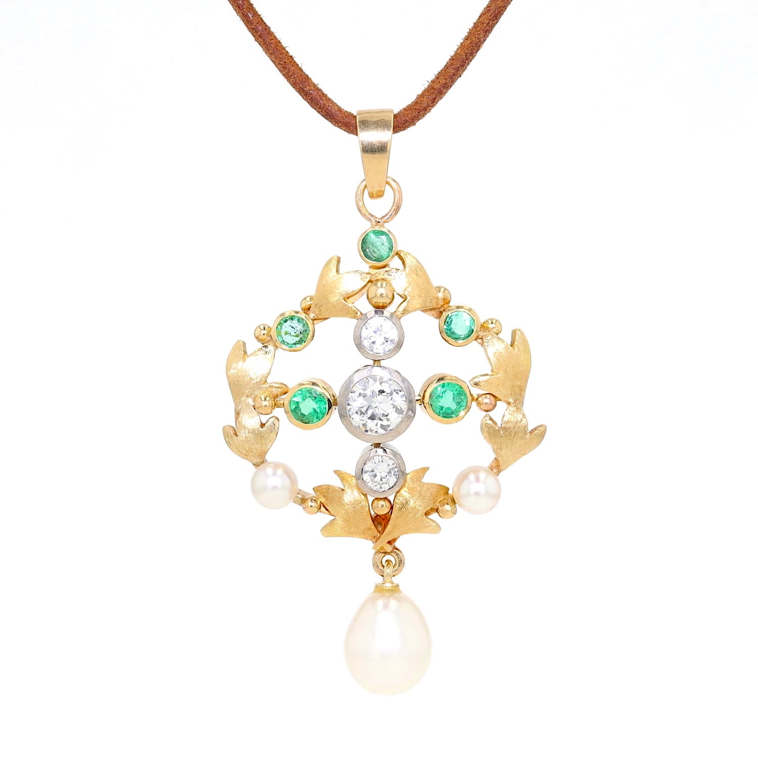 Anhänger aus 750er Gelbgold mit Brillanten, Smaragden und Zuchtperlen, hängend frontal