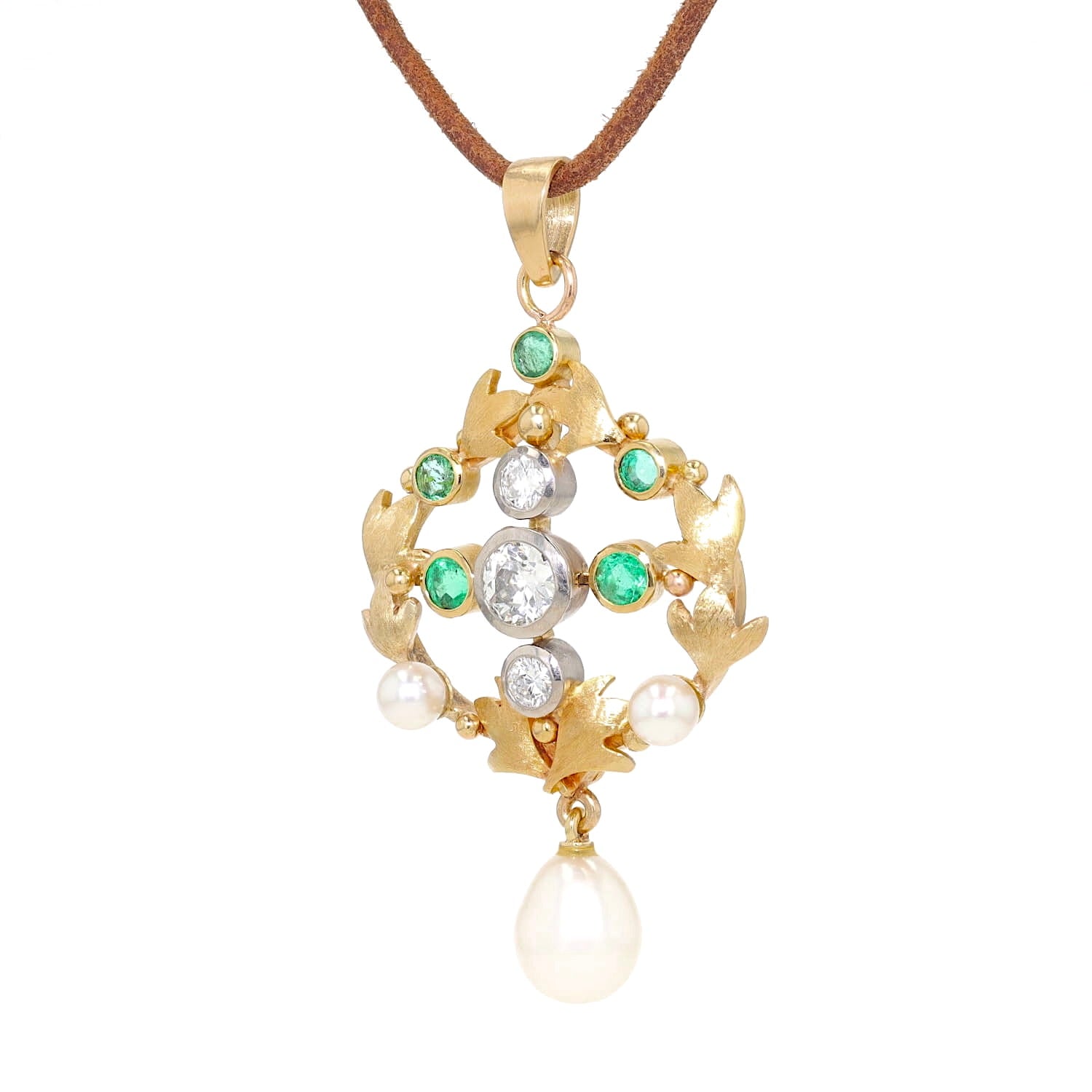 Anhänger aus 750er Gelbgold mit Brillanten, Smaragden und Zuchtperlen, hängend links gedreht