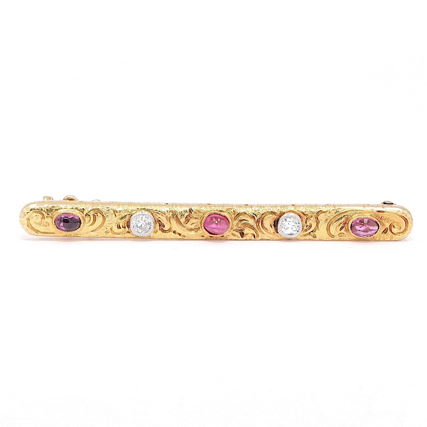 Brosche um 1900 in 750 / 585 Gold mit Rubinen und Diamanten, liegend frontal