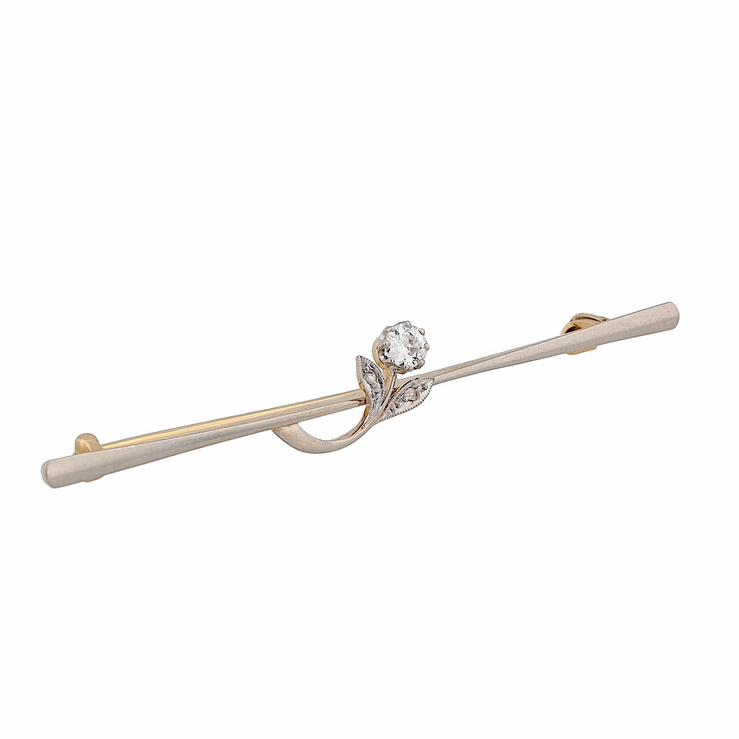 Nadel um 1900 in 585 Gold Bicolor mit Diamanten, liegend rechts gedreht
