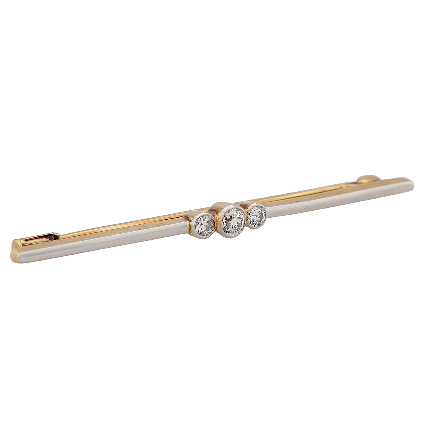Stabnadel um 1930 in 585 Gold, platiniert mit Diamanten, liegend rechts gedreht