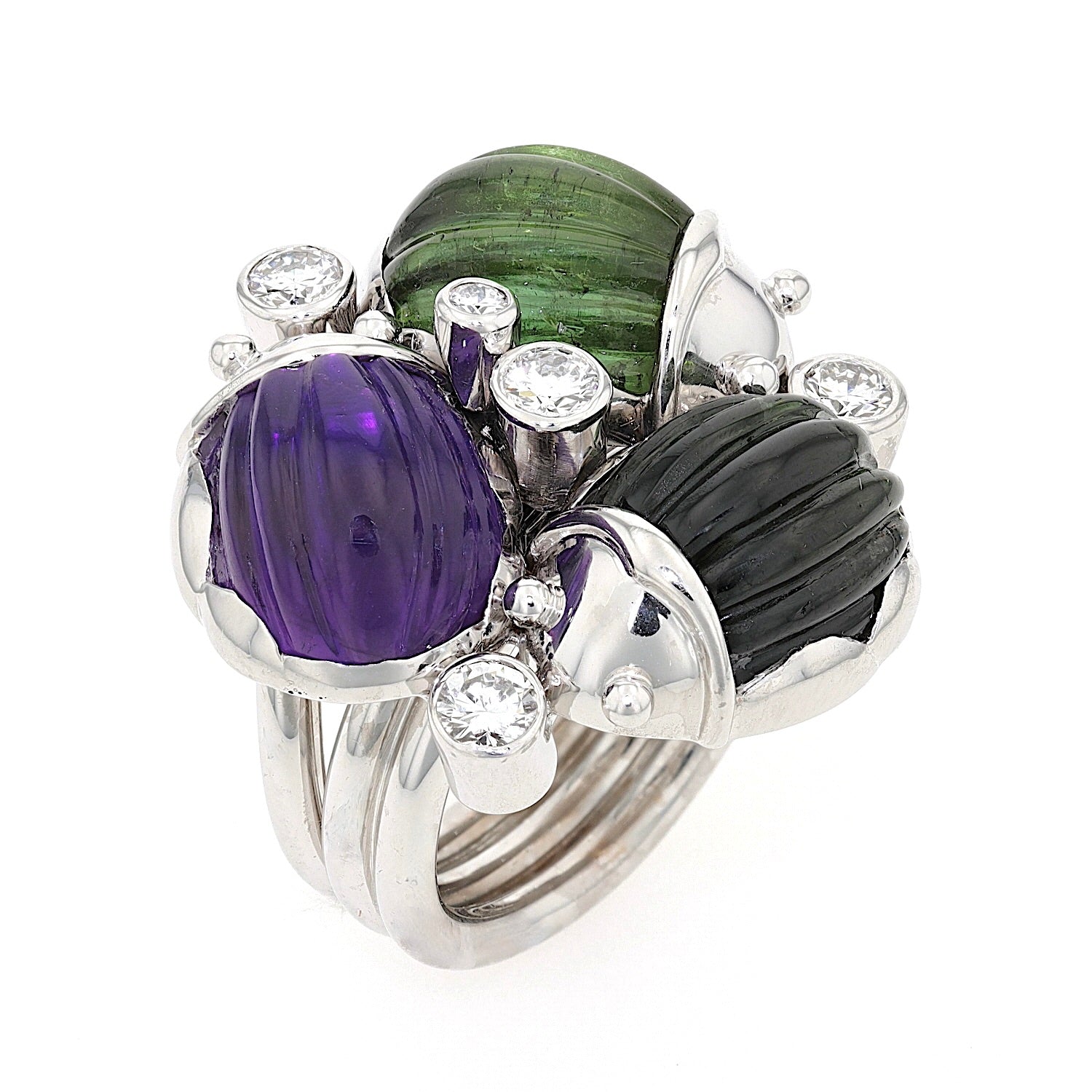 Ring in 750er Gold rhodiniert mit Amethyst, Turmalinen und Brillanten, stehend