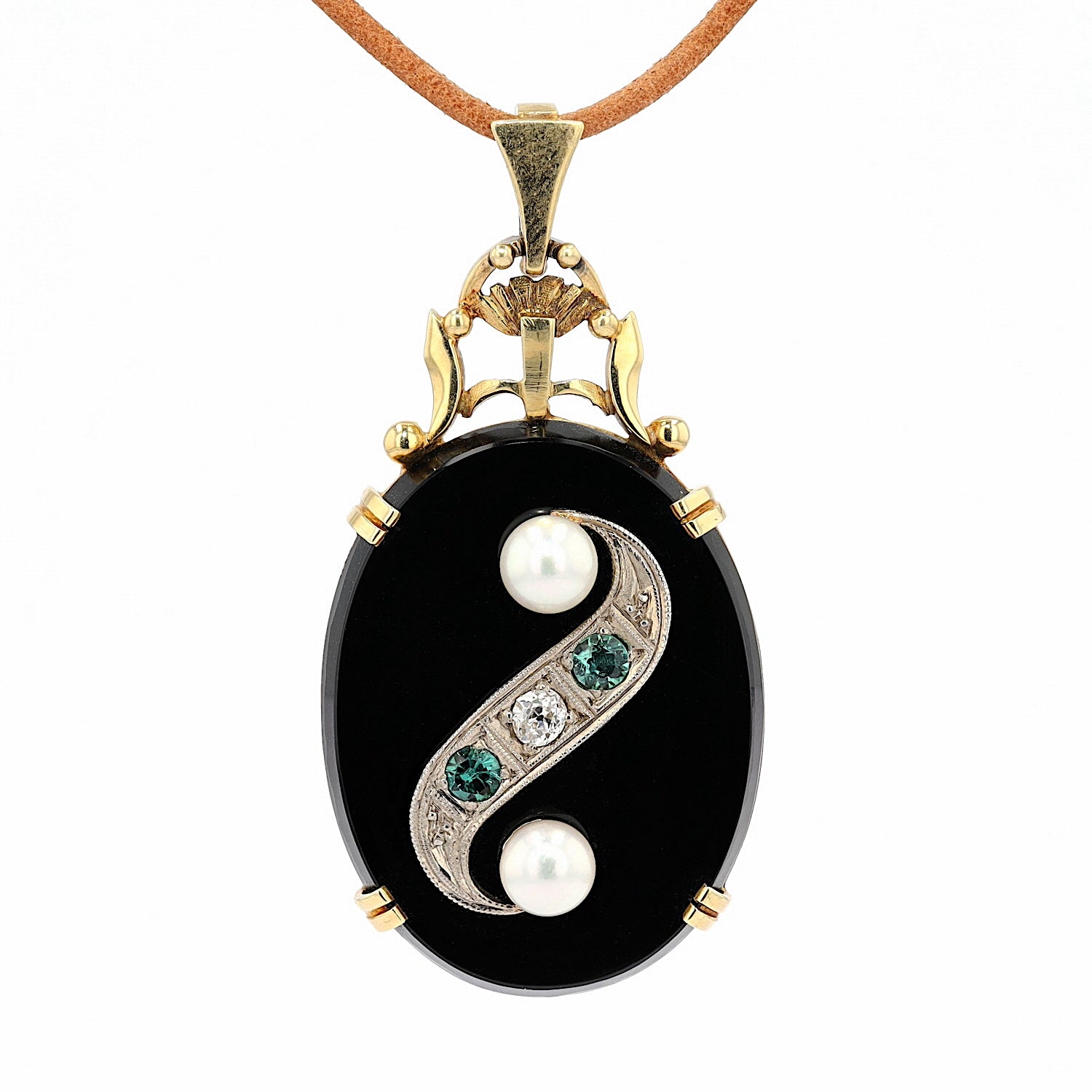 Anhänger in 585 Gelbgold mit einem Onyx, Zuchtperlen, Turmalinen und Diamanten, hängend frontal