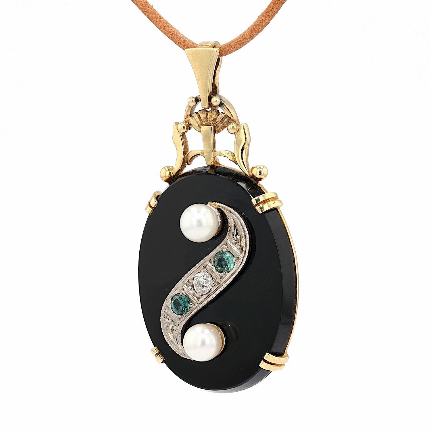 Anhänger in 585 Gelbgold mit einem Onyx, Zuchtperlen, Turmalinen und Diamanten, hängend links gedreht