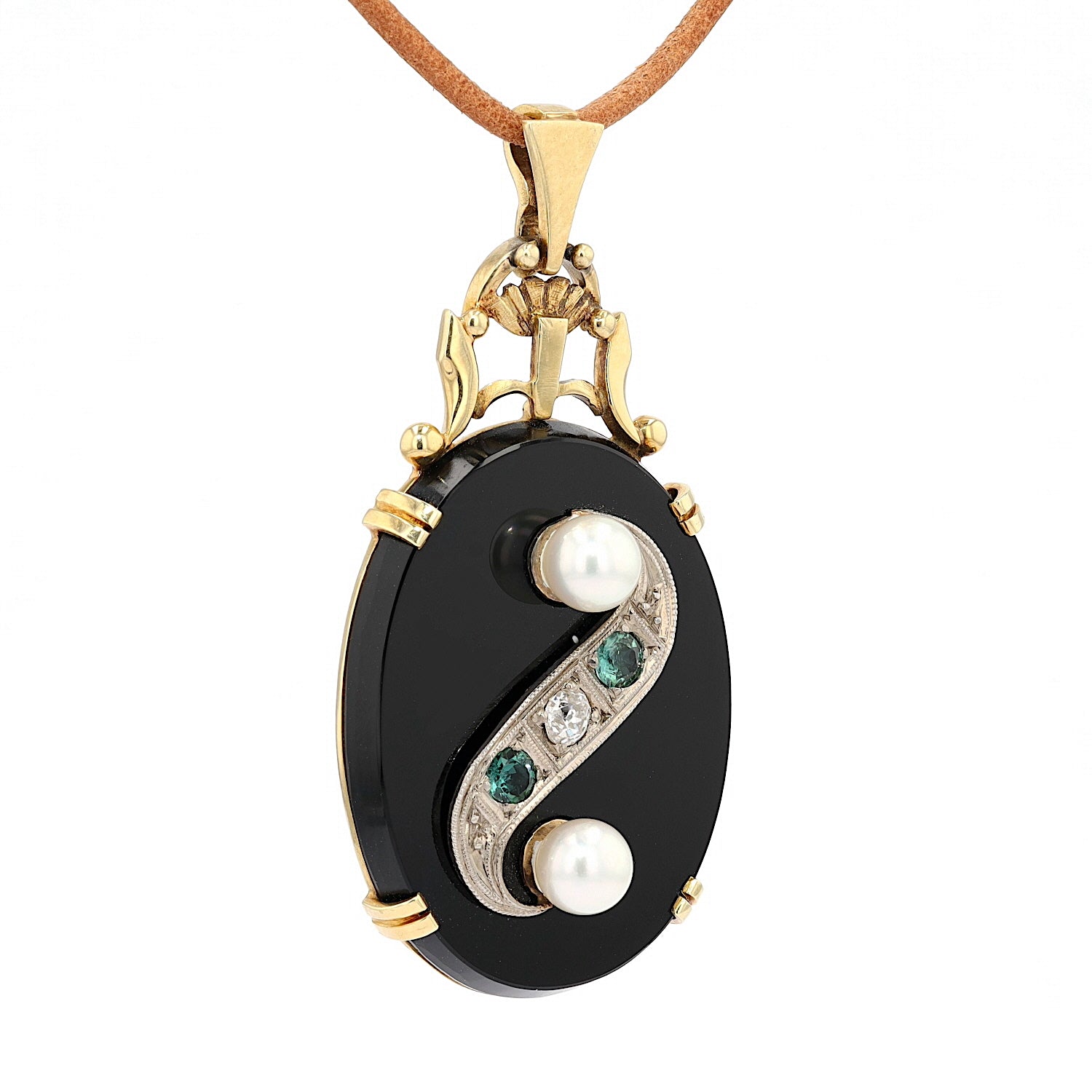 Anhänger in 585 Gelbgold mit einem Onyx, Zuchtperlen, Turmalinen und Diamanten, hängend rechts gedreht