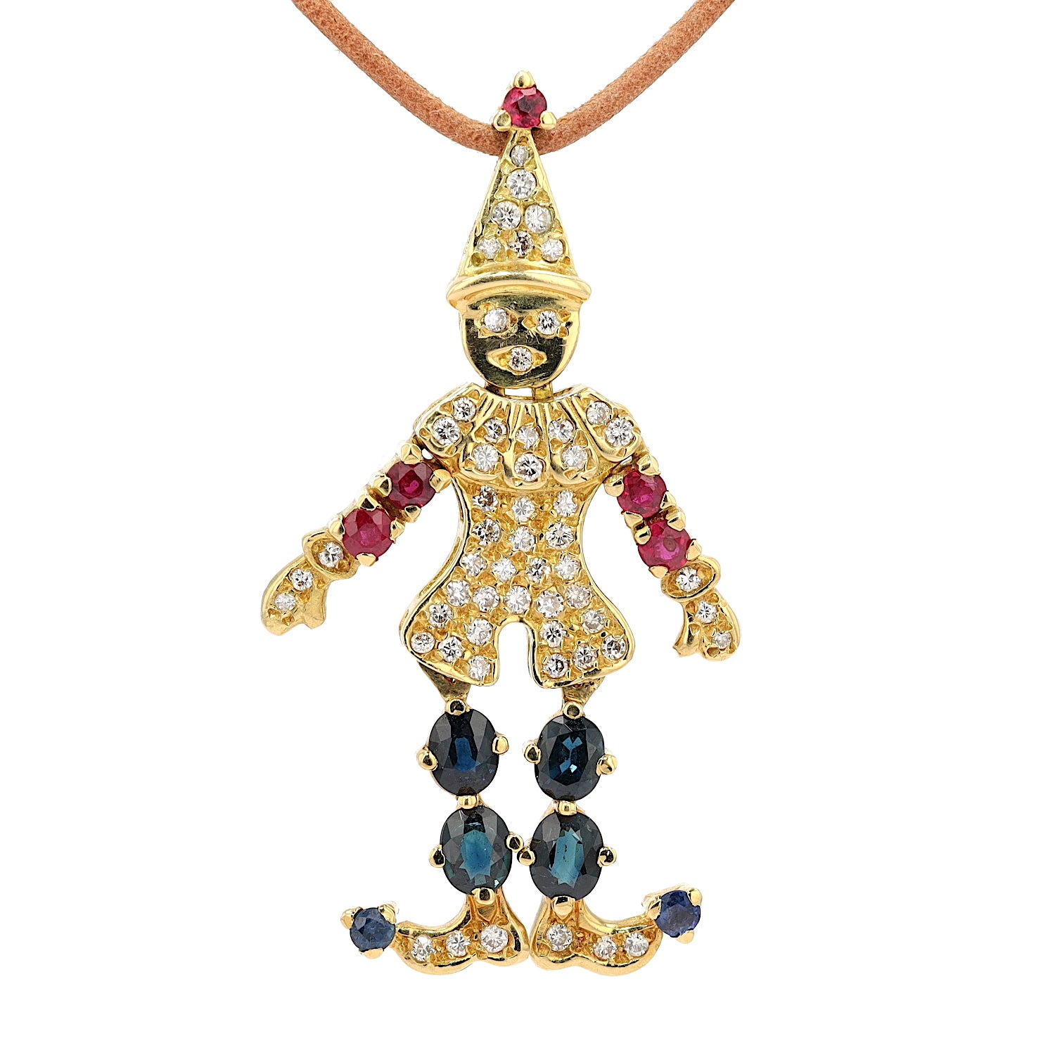 Anhänger Clown in 750 Gelbgold mit Rubinen, Saphiren und Brillanten, hängend frontal