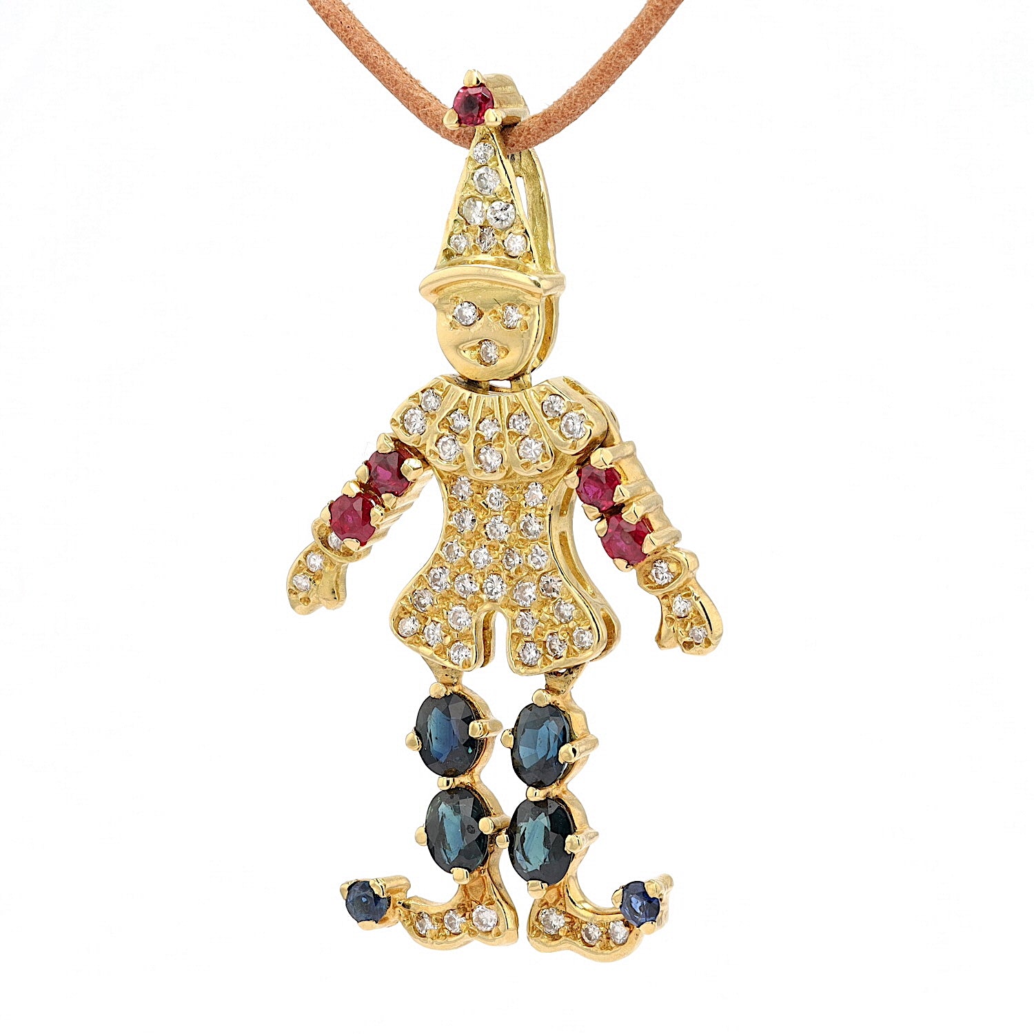 Anhänger Clown in 750 Gelbgold mit Rubinen, Saphiren und Brillanten, hängend links gedreht