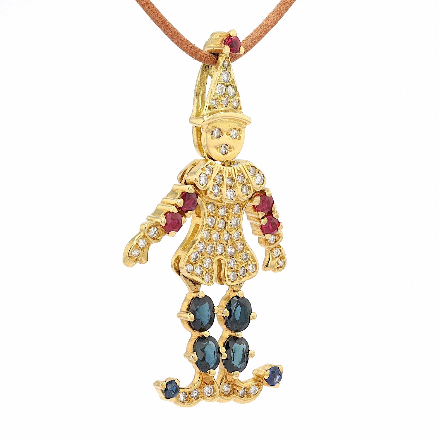 Anhänger Clown in 750 Gelbgold mit Rubinen, Saphiren und Brillanten, hängend rechts gedreht