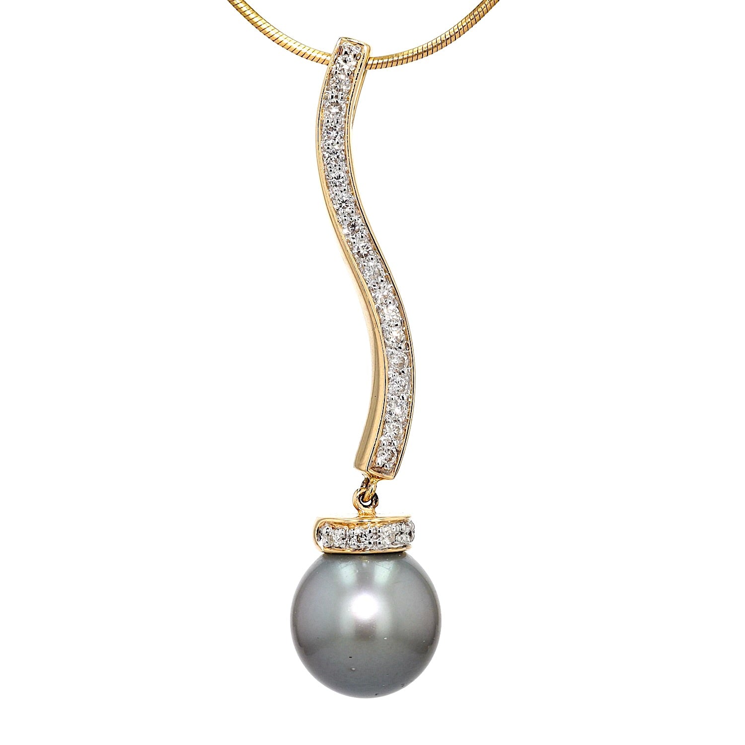 Vintage Anhänger mit Schlangenkette in 585er Gelbgold mit Brillanten und einer Tahiti Zuchtperle, hängend frontal