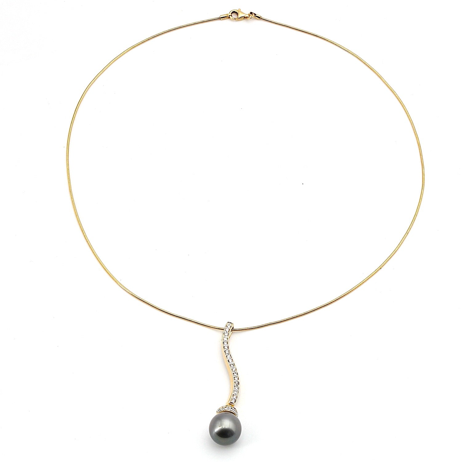 Vintage Anhänger mit Schlangenkette in 585er Gelbgold mit Brillanten und einer Tahiti Zuchtperle, liegend Draufsicht