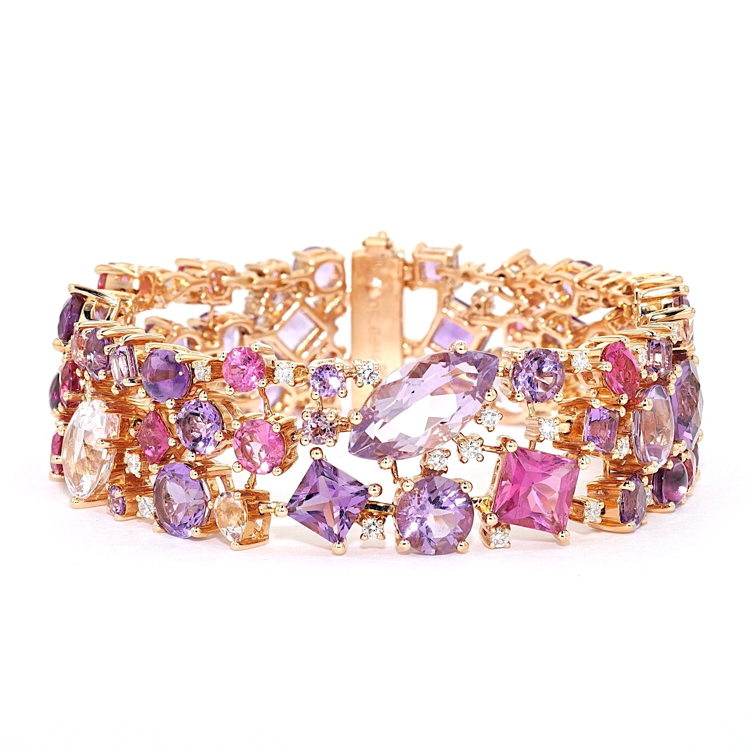Armband von Buchwald in 750er Rotgold mit Amethysten, Turmalinen, Saphiren, Rubelliten, Morganiten und Brillanten, liegend frontal