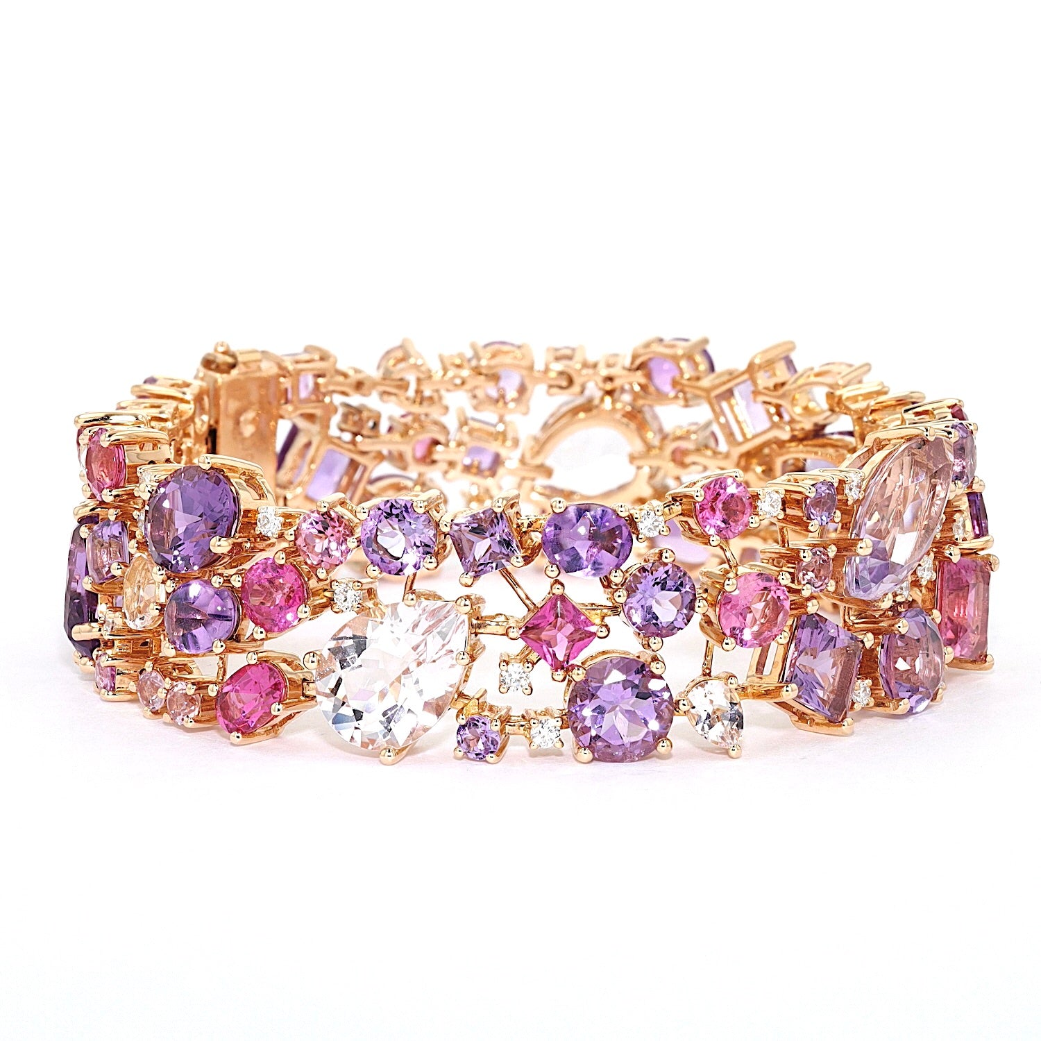 Armband von Buchwald in 750er Rotgold mit Amethysten, Turmalinen, Saphiren, Rubelliten, Morganiten und Brillanten, liegend rechts gedreht