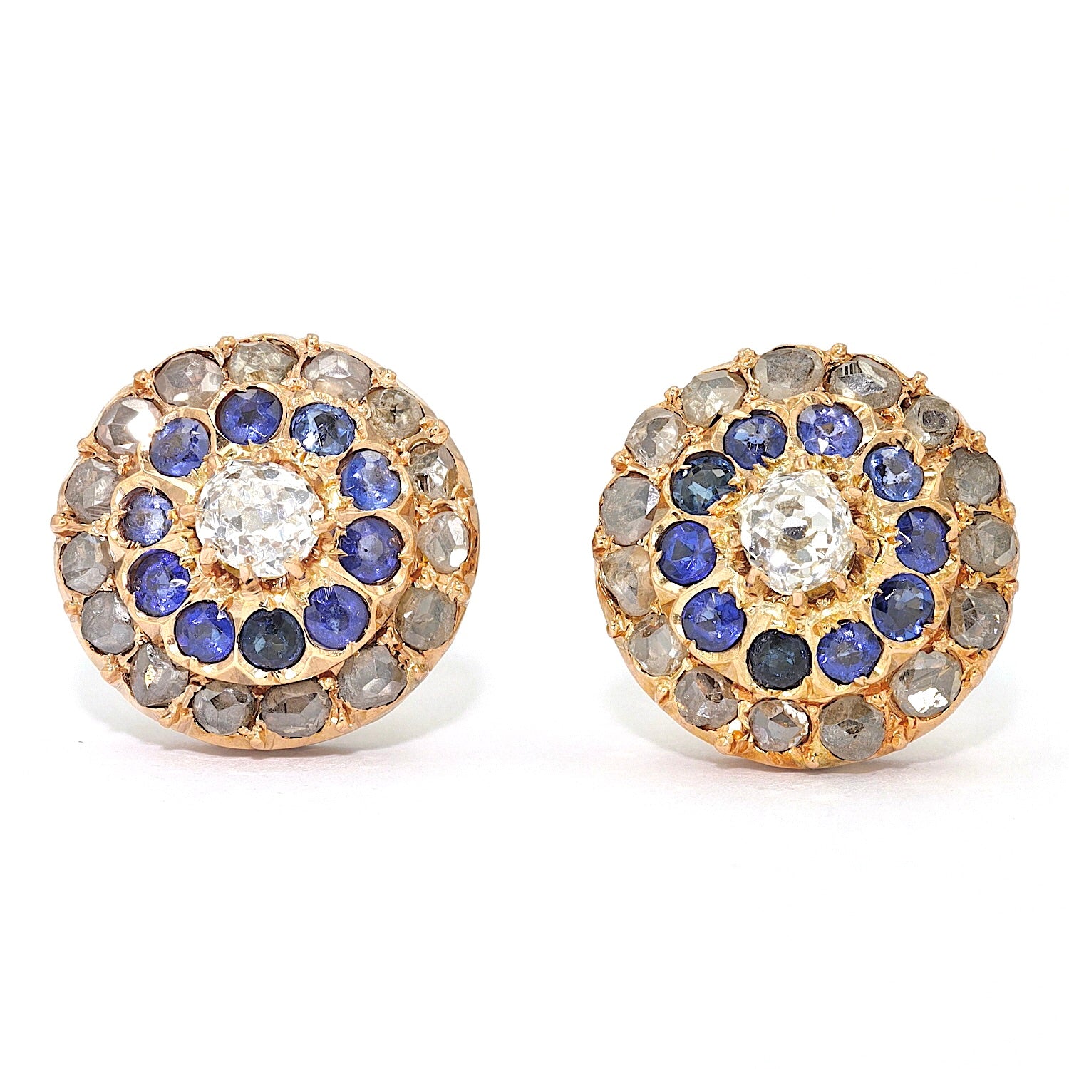 Viktorianische Ohrstecker in 750er Roségold mit Diamanten und Saphiren, liegend frontal