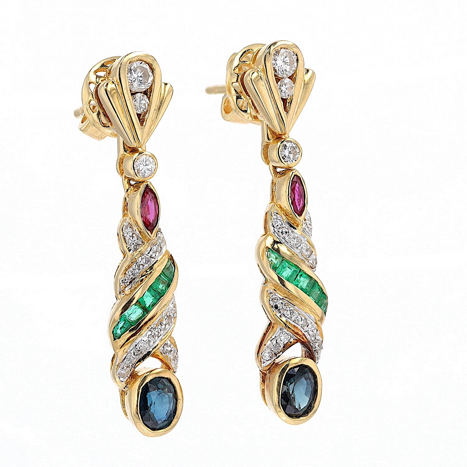 1 Paar Ohrhänger in 750er Gelbgold mit Brillanten, Rubinen, Saphiren und Smaragden, hängend rechts gedreht