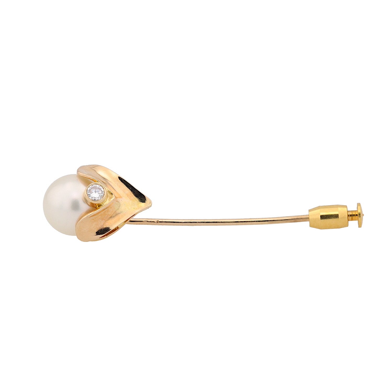 Reversnadel in 585er Gelbgold mit einem Brillant und Zuchtperle, liegend frontal
