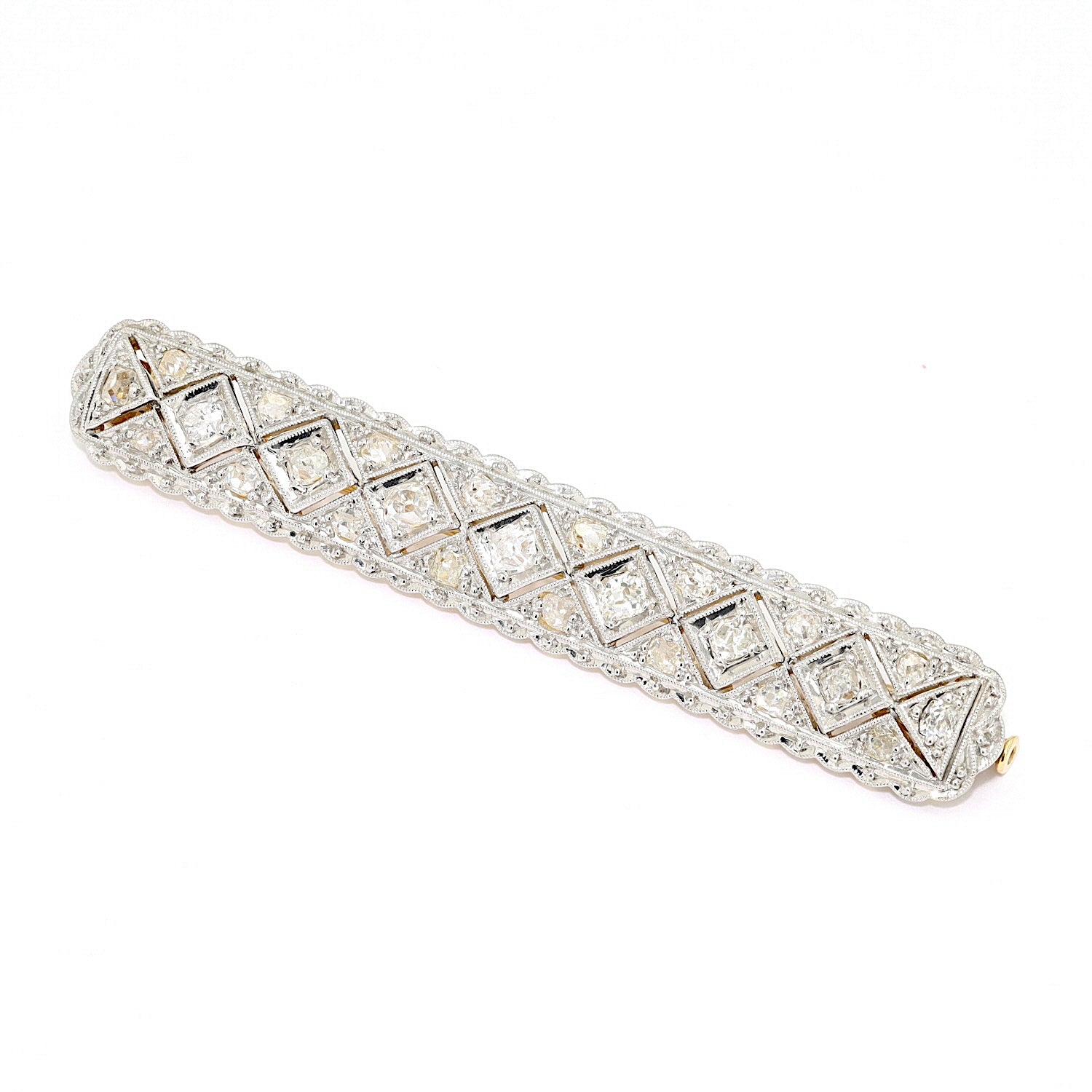 Stabbrosche Art Deco in 585er Gelbgold, platiniert mit Diamanten, liegend links gedreht