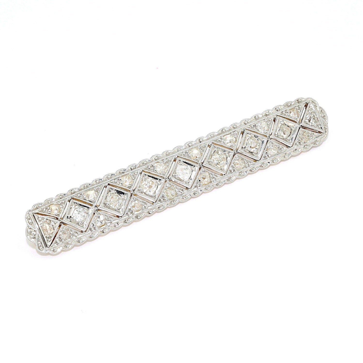 Stabbrosche Art Deco in 585er Gelbgold, platiniert mit Diamanten, liegend rechts gedreht