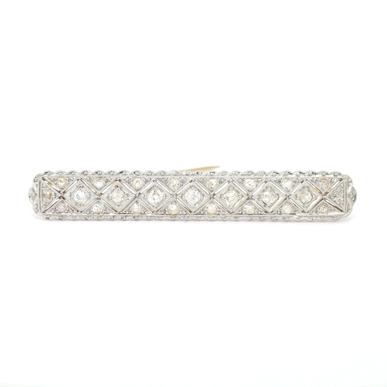 Stabbrosche Art Deco in 585er Gelbgold, platiniert mit Diamanten, stehend frontal