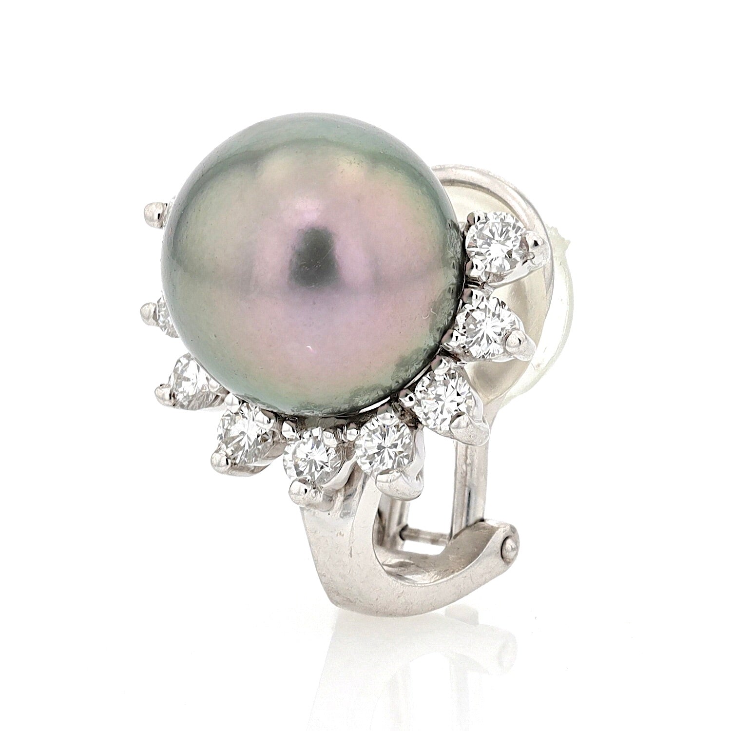 1 Paar Ohrclips in 750er Weißgold mit Tahiti-Zuchtperlen und Brillanten, stehend inks gedreht