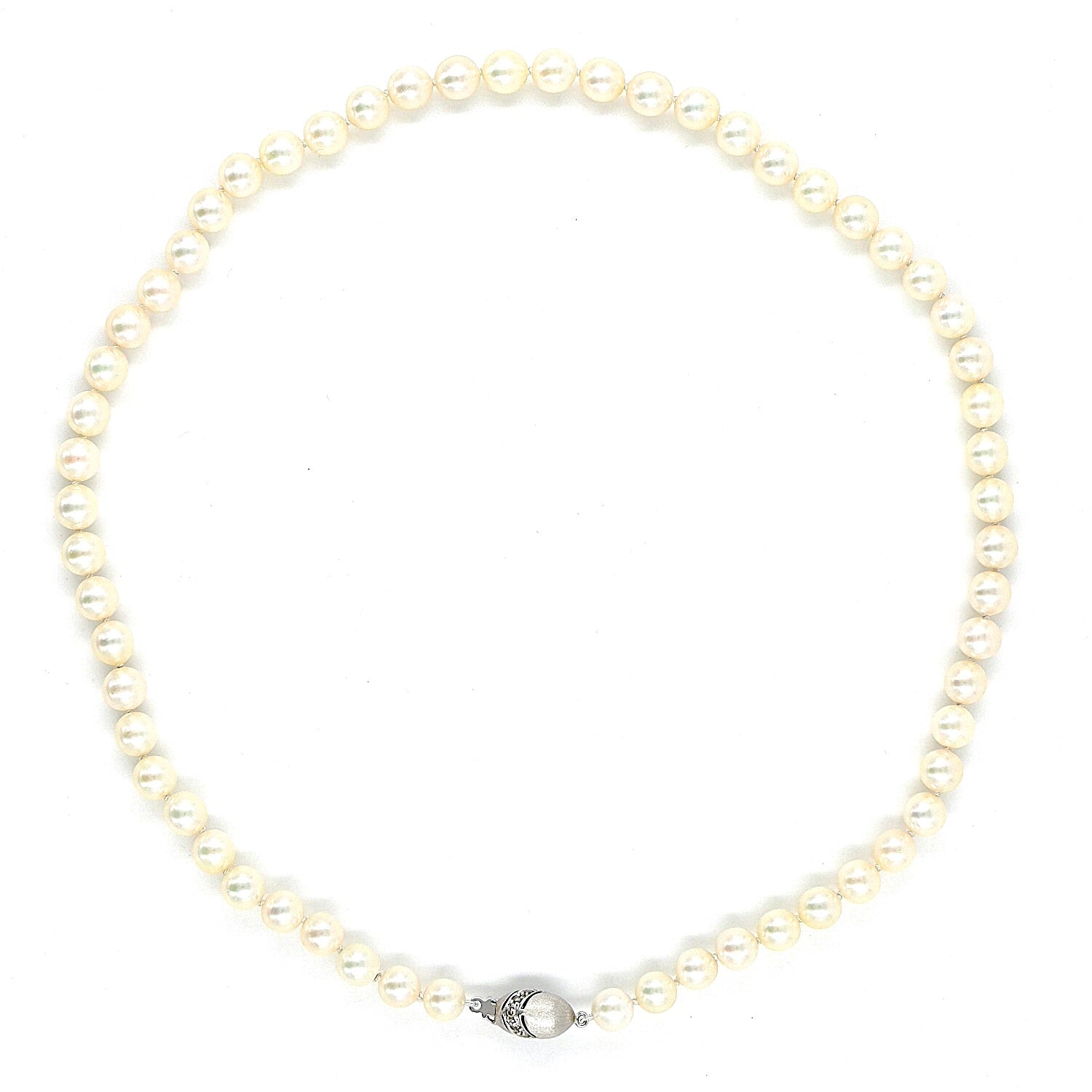 Zuchtperlencollier mit einem Schloss aus 585er Weißgold mit Diamanten, liegend Draufsicht