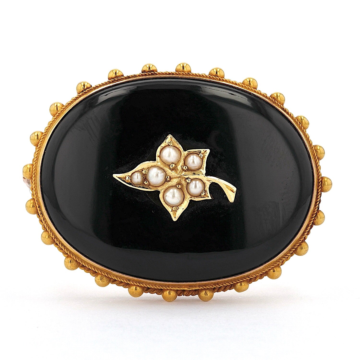 Viktorianische Brosche aus 9 kt Gelbgold mit Onyx und Saatperlen, liegend frontal