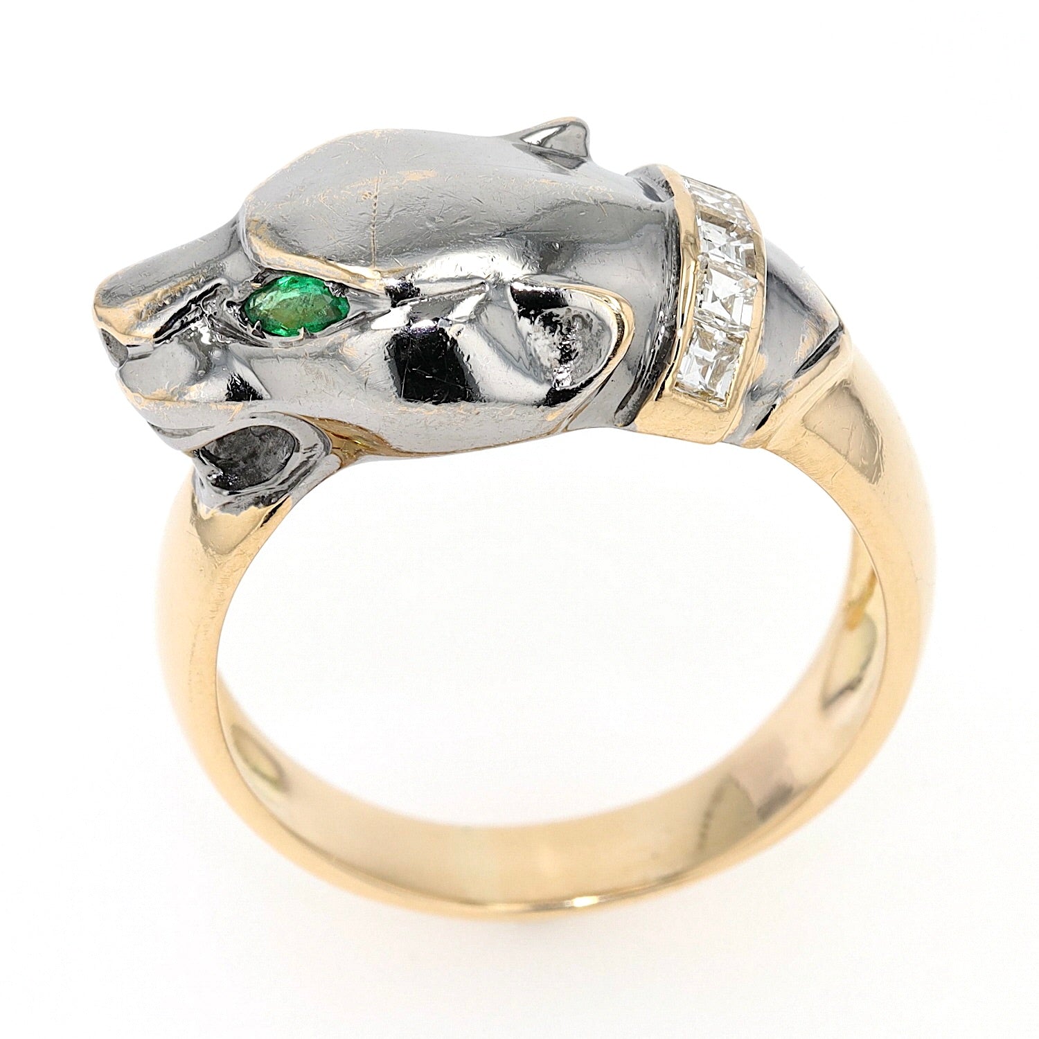 Gay Frères Ring in 750er Gold Bicolor mit Diamanten und Smaragden, stehend Seitenansicht