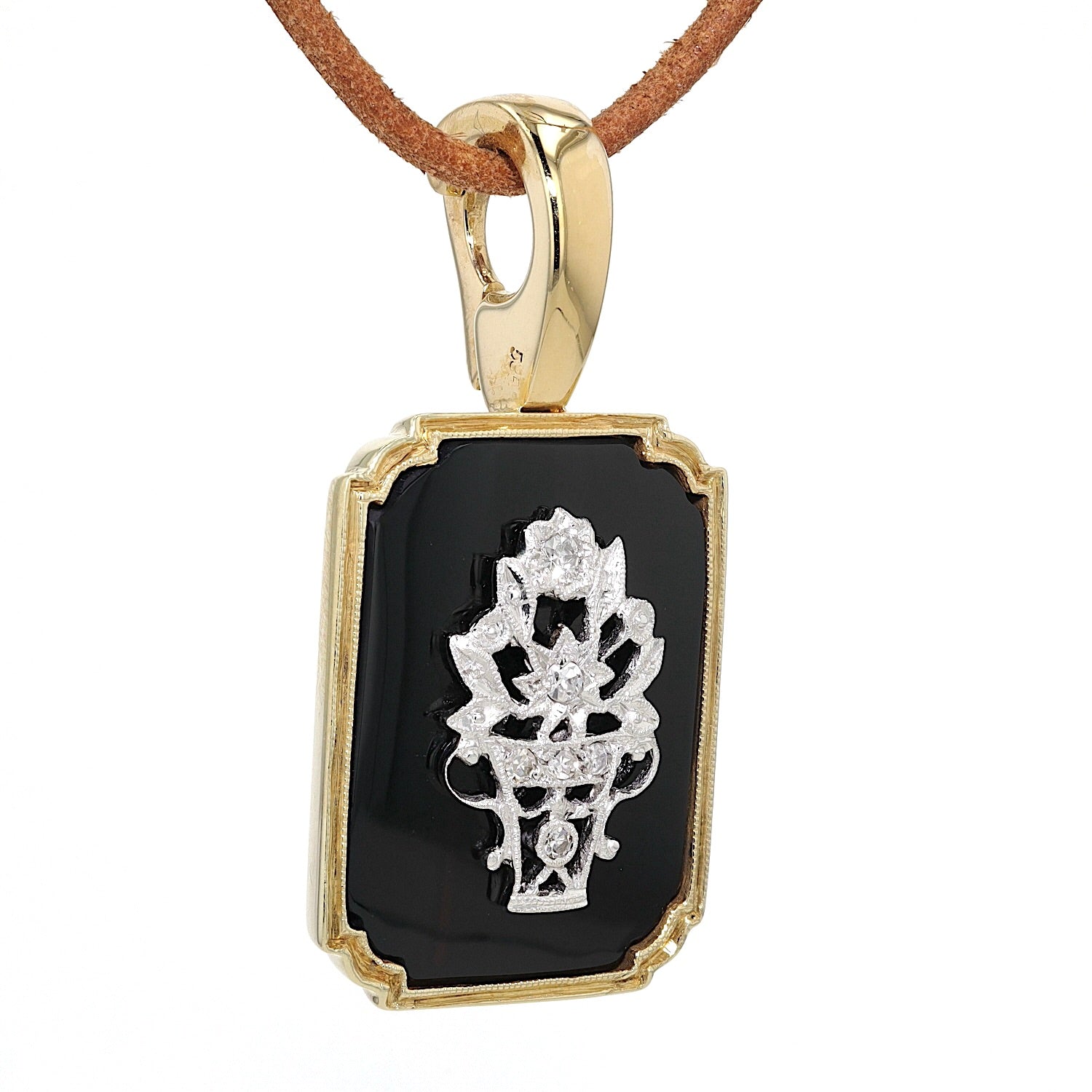 Anhänger in 585er Gelbgold mit Onyx und Diamanten, hängend rechts gedreht