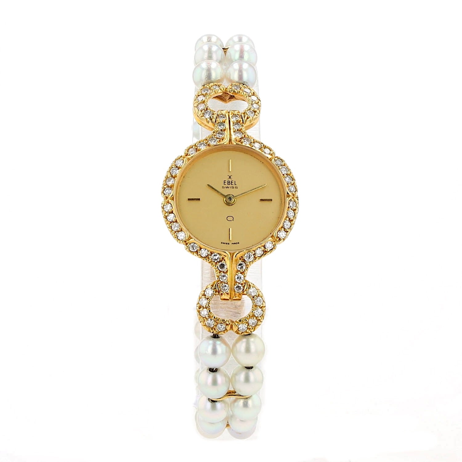 Ebel Damenarmbanduhr in 750er Gelbgold mit Brillanten und Zuchtperlen, stehend frontal