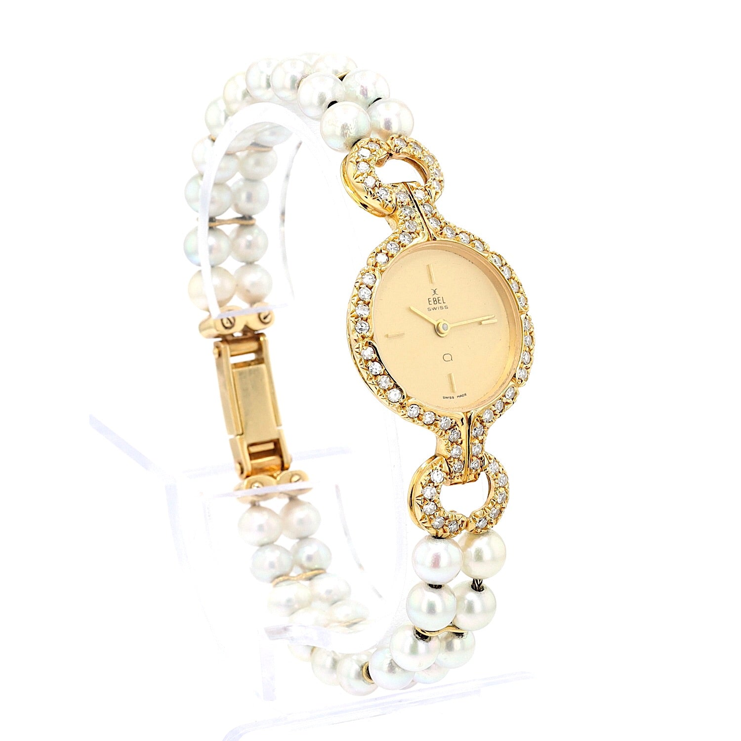 Ebel Damenarmbanduhr in 750er Gelbgold mit Brillanten und Zuchtperlen, stehend rechts gedreht