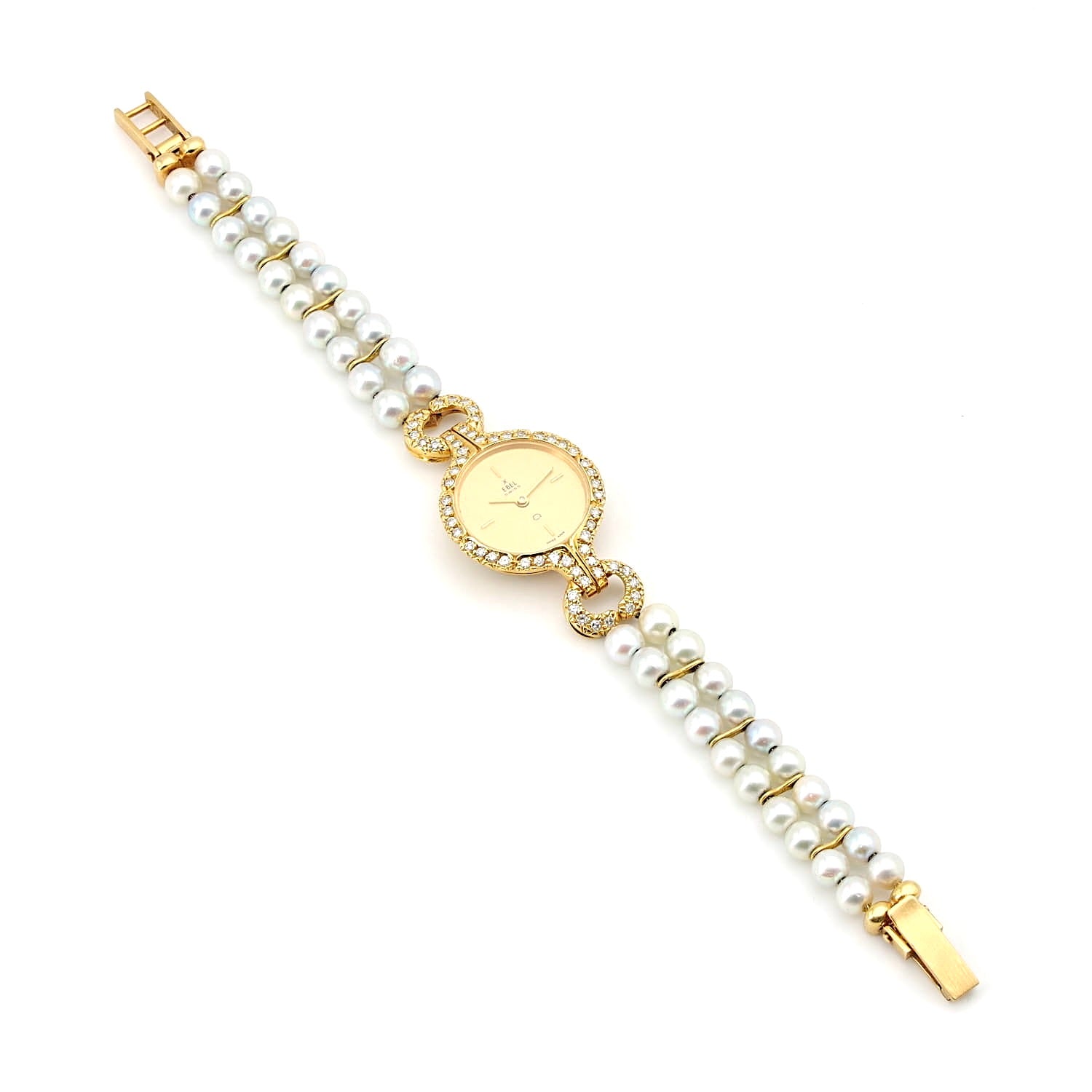 Ebel Damenarmbanduhr in 750er Gelbgold mit Brillanten und Zuchtperlen, liegend Draufsicht