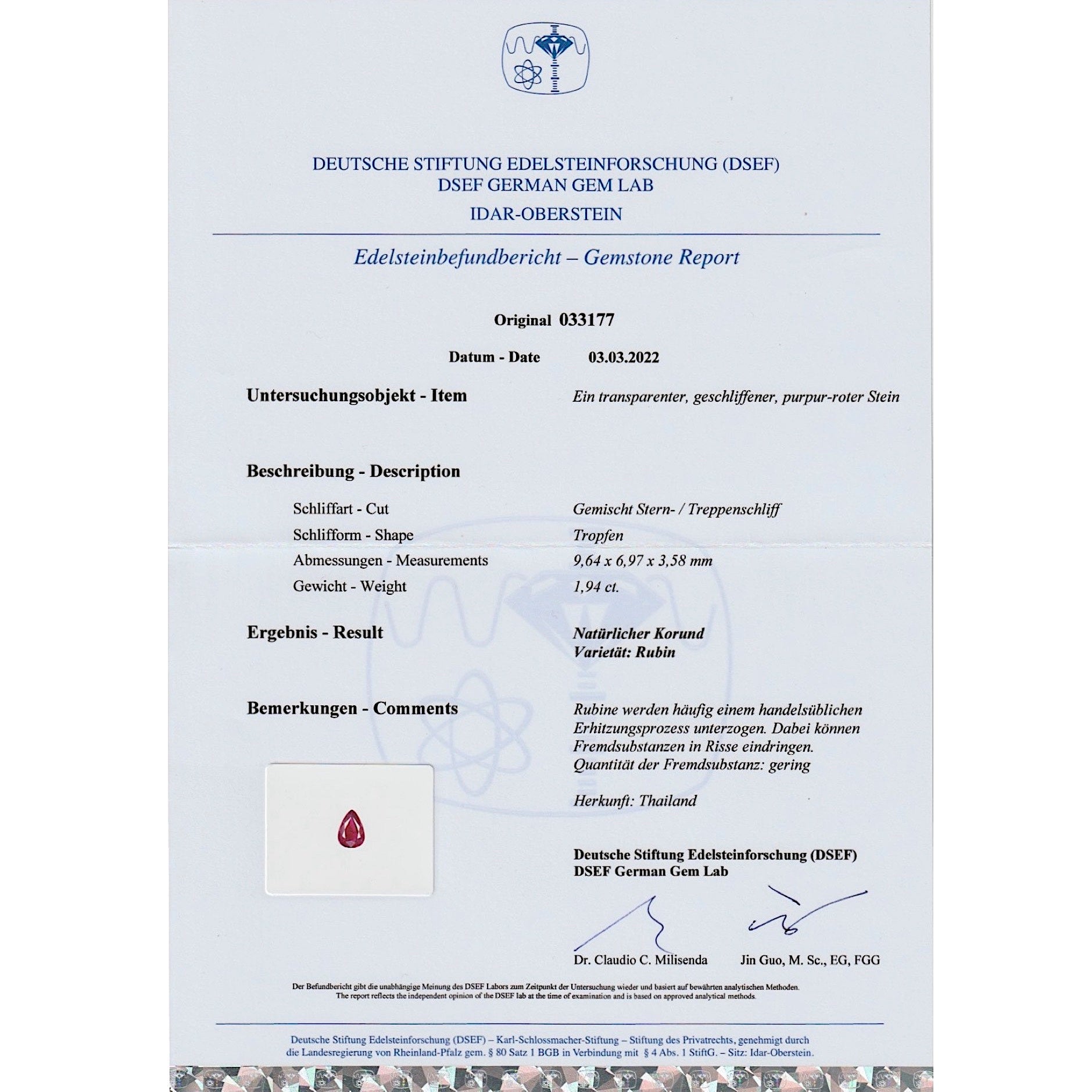 Anhänger in 585er Gelbgold mit einem Rubin, Gutachten