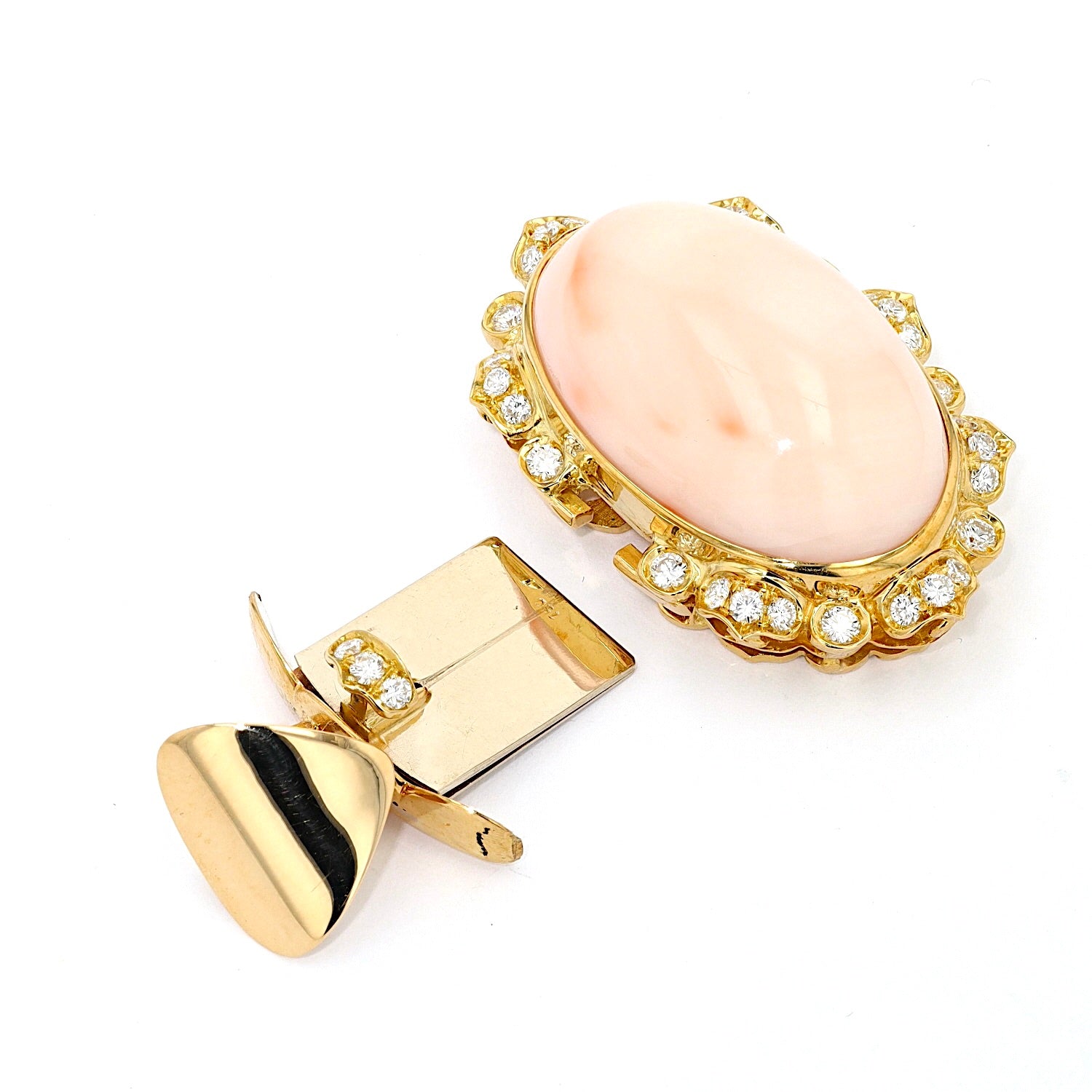 Anhänger / Schloss in 750er Gelbgold mit einem Korallen-Cabochon und Brillanten, liegend Draufsicht