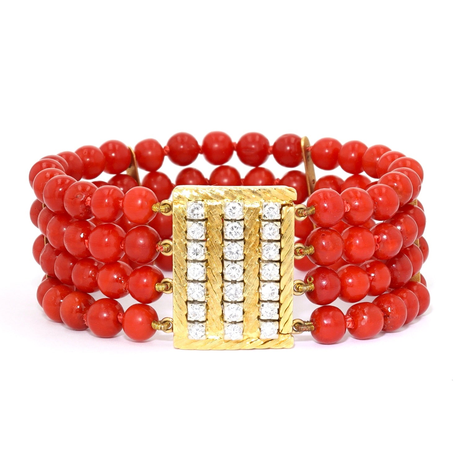 Armband mit Edelkorallen-Kugeln, Schloß 750er Bicolor Gold mit Brillanten, liegend frontal