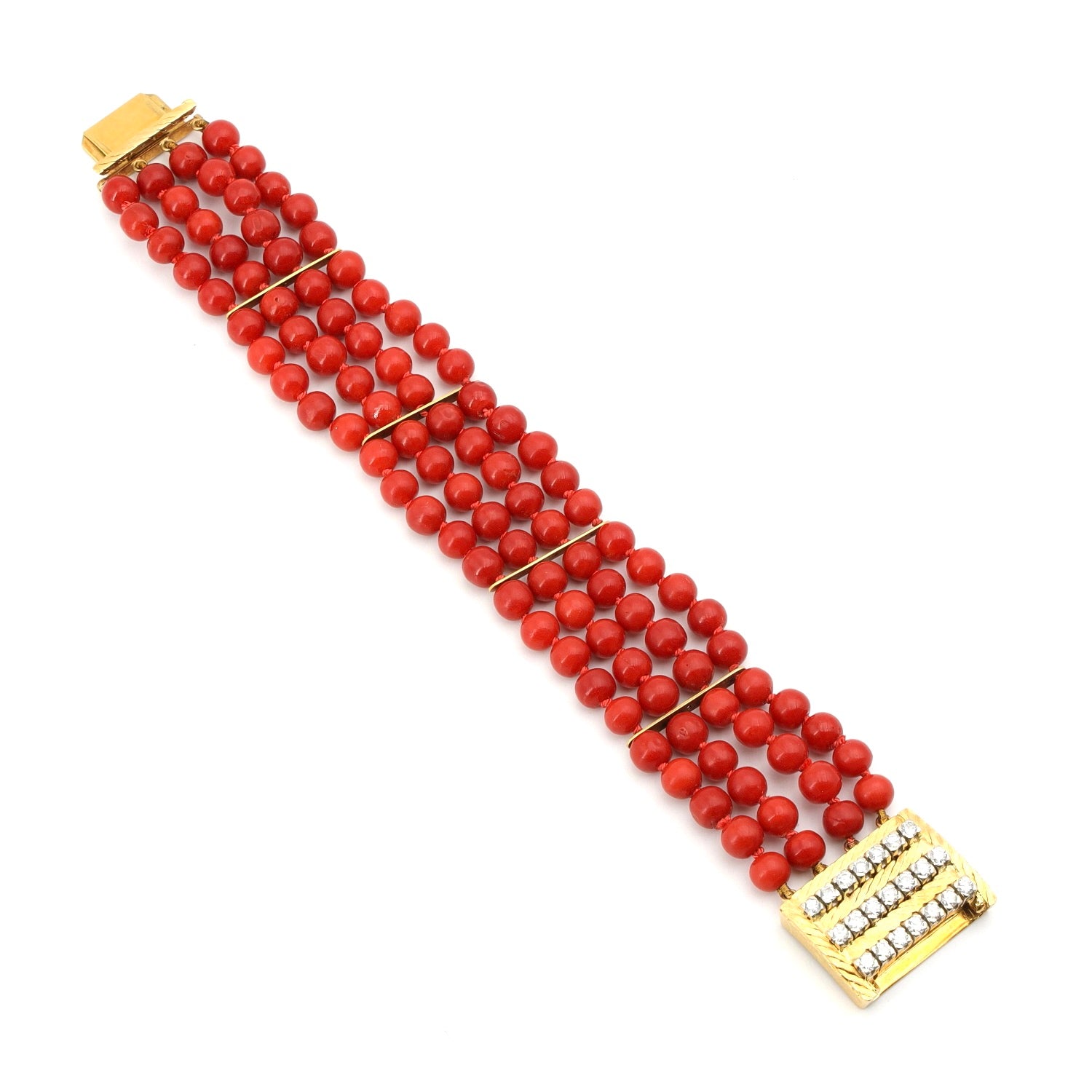 Armband mit Edelkorallen-Kugeln, Schloß 750er Bicolor Gold mit Brillanten, liegend Draufsicht