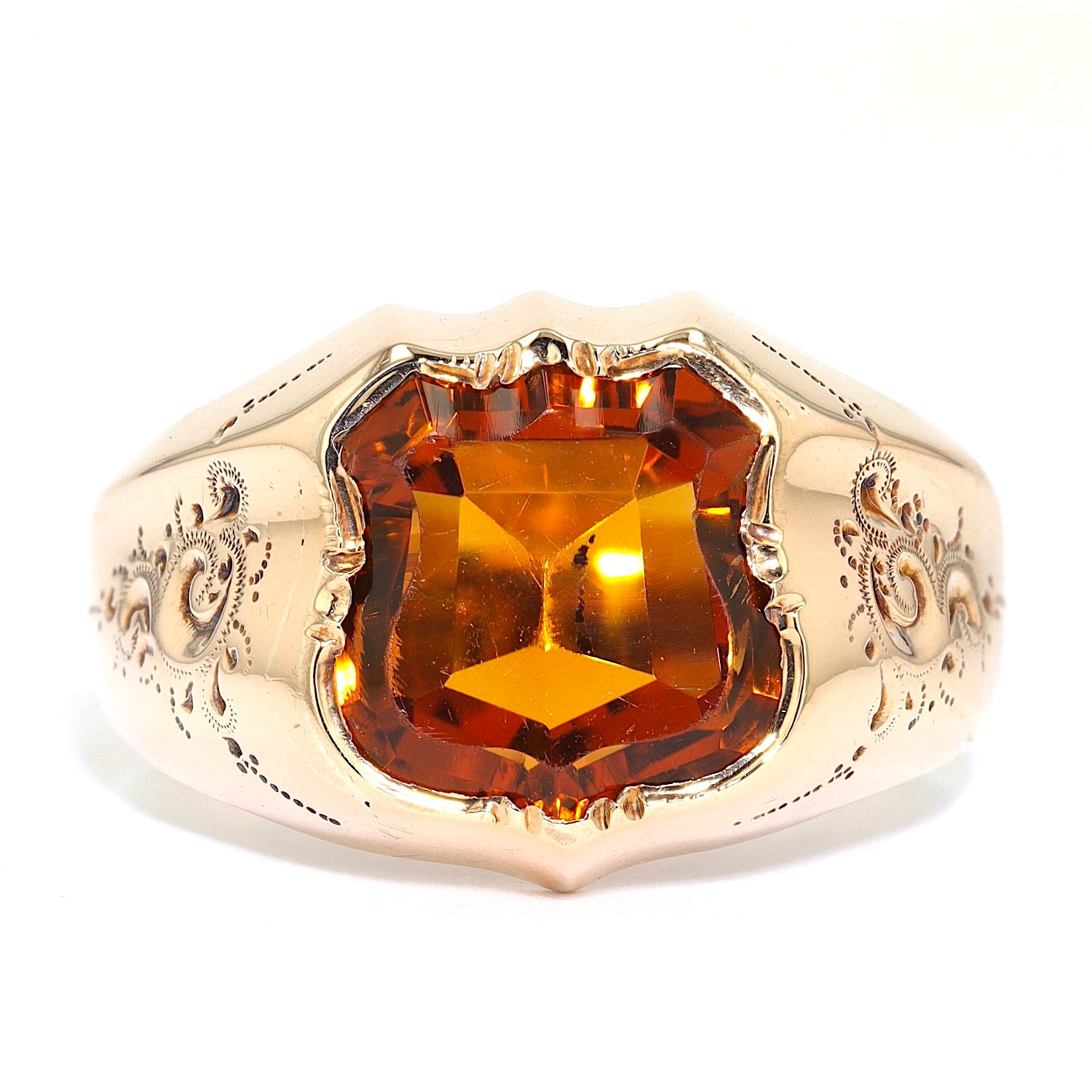 Jugendstil Ring in 333er Roségold mit einem Citrin, liegend frontal