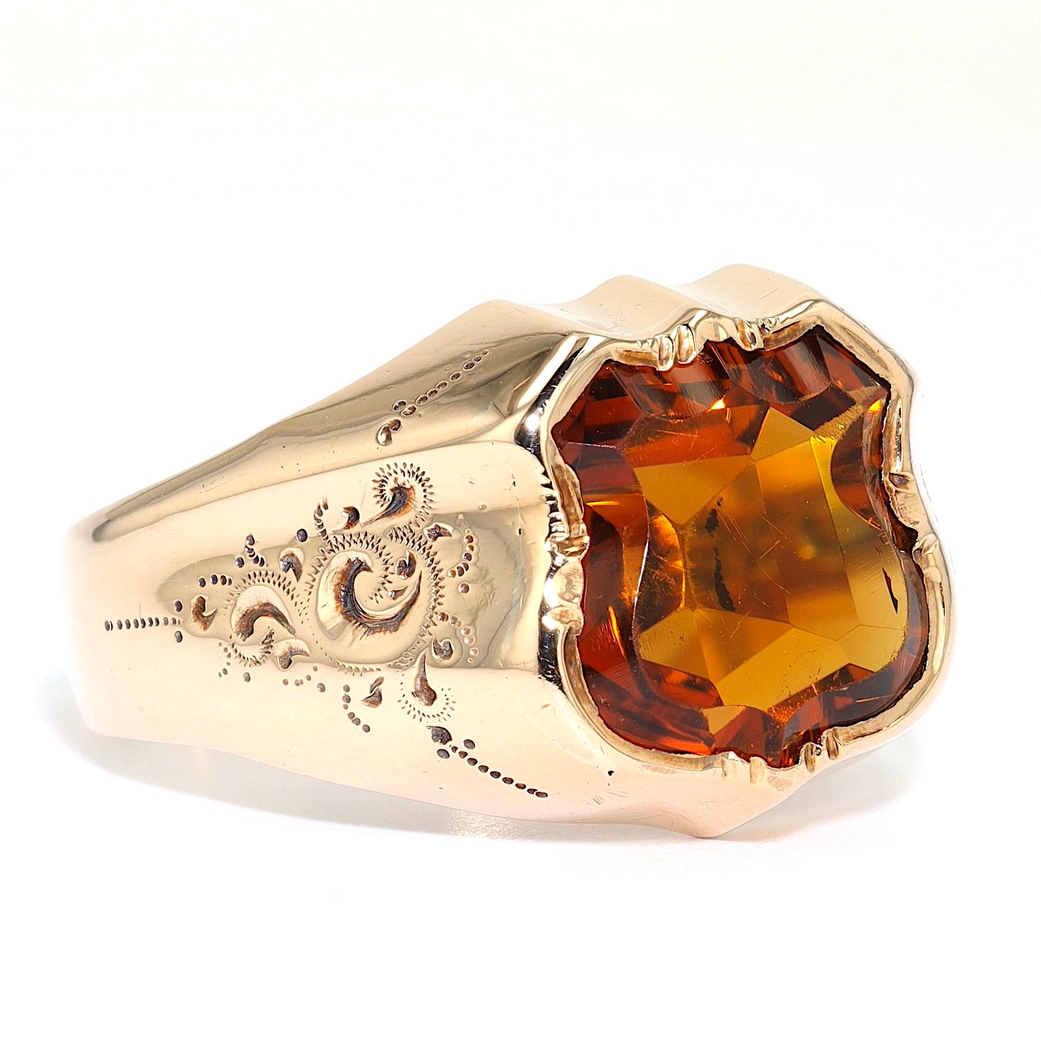 Jugendstil Ring in 333er Roségold mit einem Citrin, liegend rechts gedreht