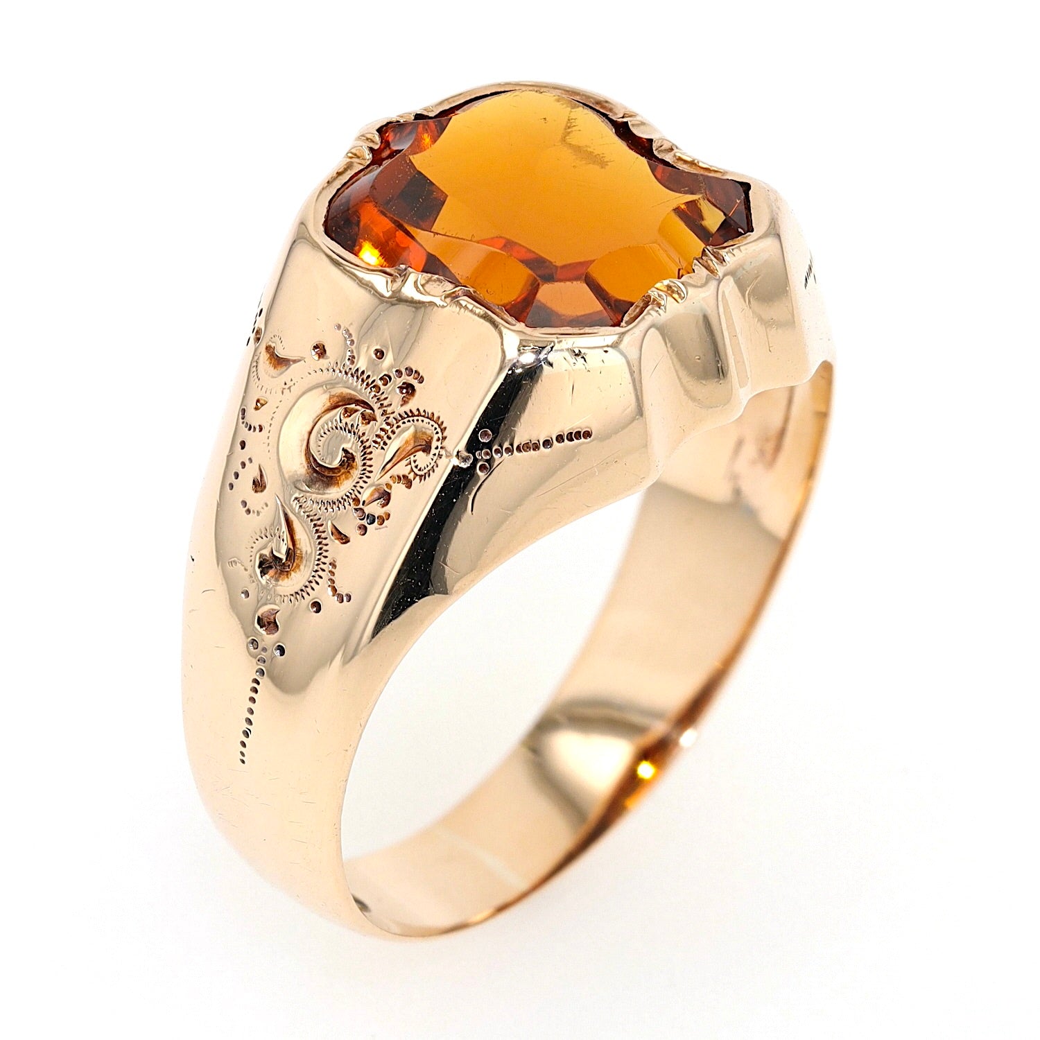 Jugendstil Ring in 333er Roségold mit einem Citrin, stehend