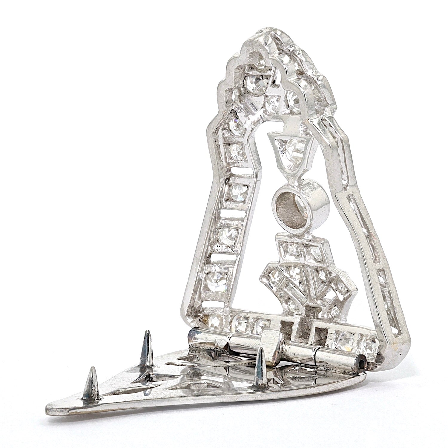 Art Deco Clip - Brosche in 9 kt Weißgold, platiniert mit Diamanten, stehend Rückseite