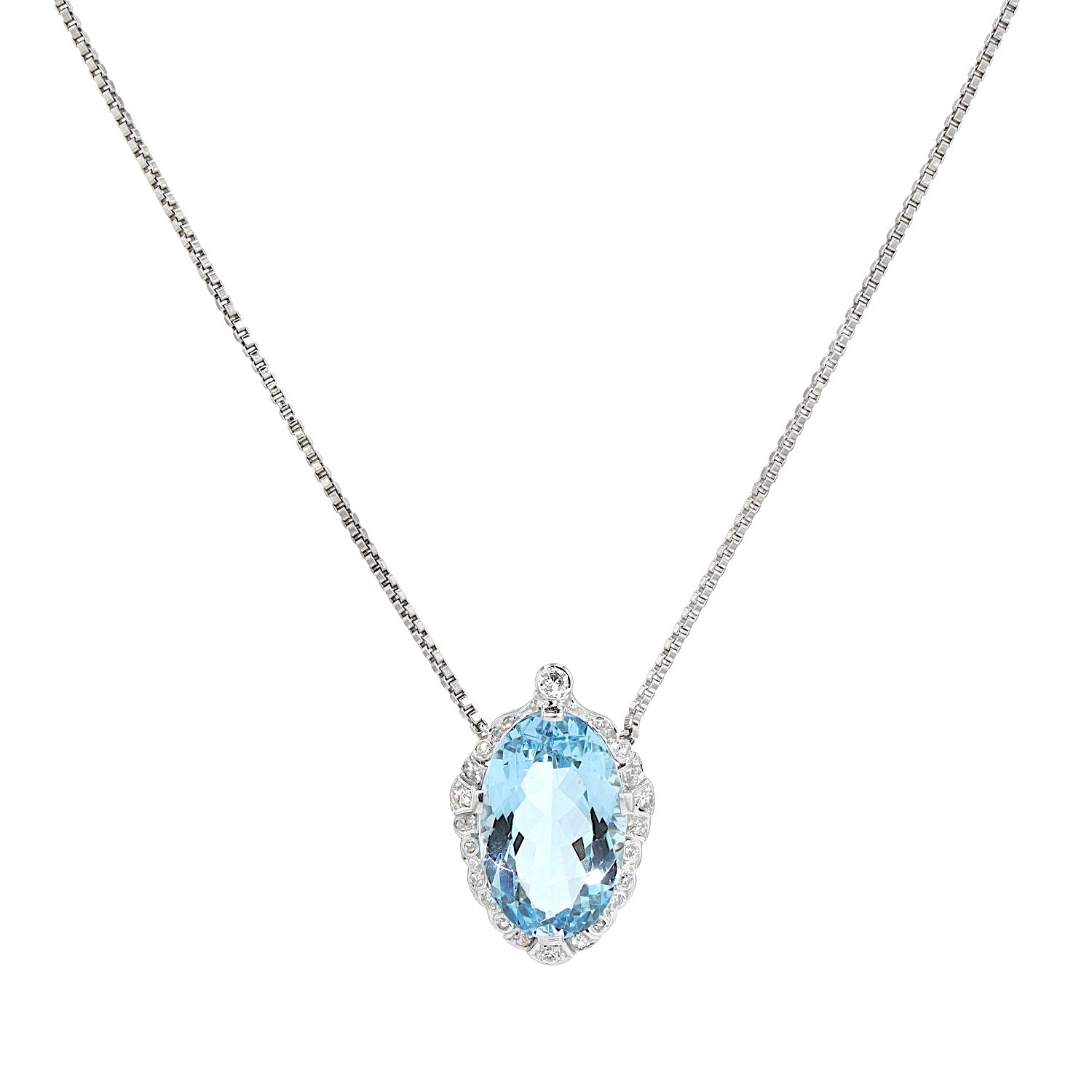 Vintage Collier in 585er Weißgold mit einem Aquamarin und Diamanten, hängend frontal